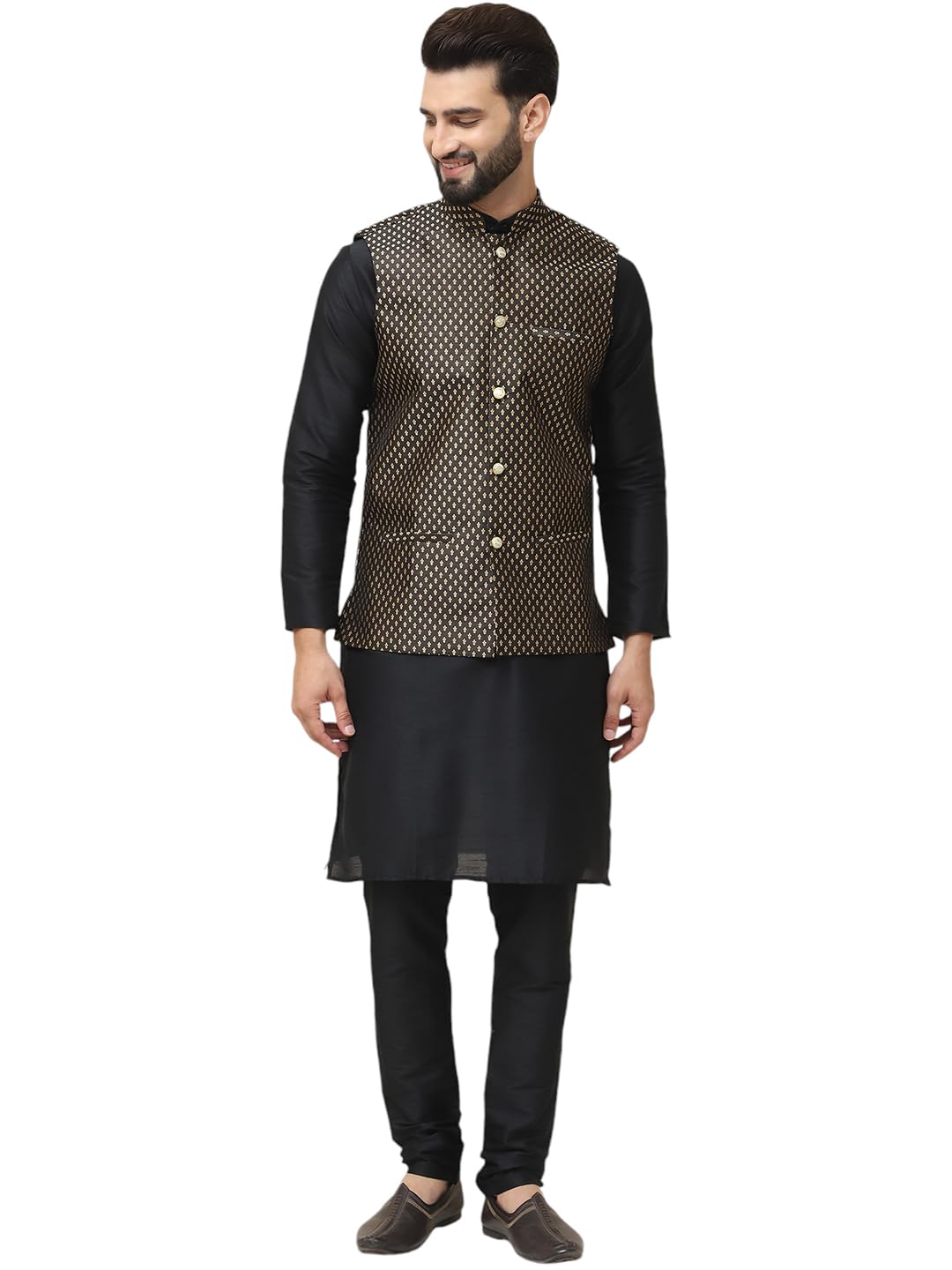 Sojanya (Since 1958 Men's Silk Blend Black Kurta Pyjama & Black Self Design Nehru Jacket Combo
