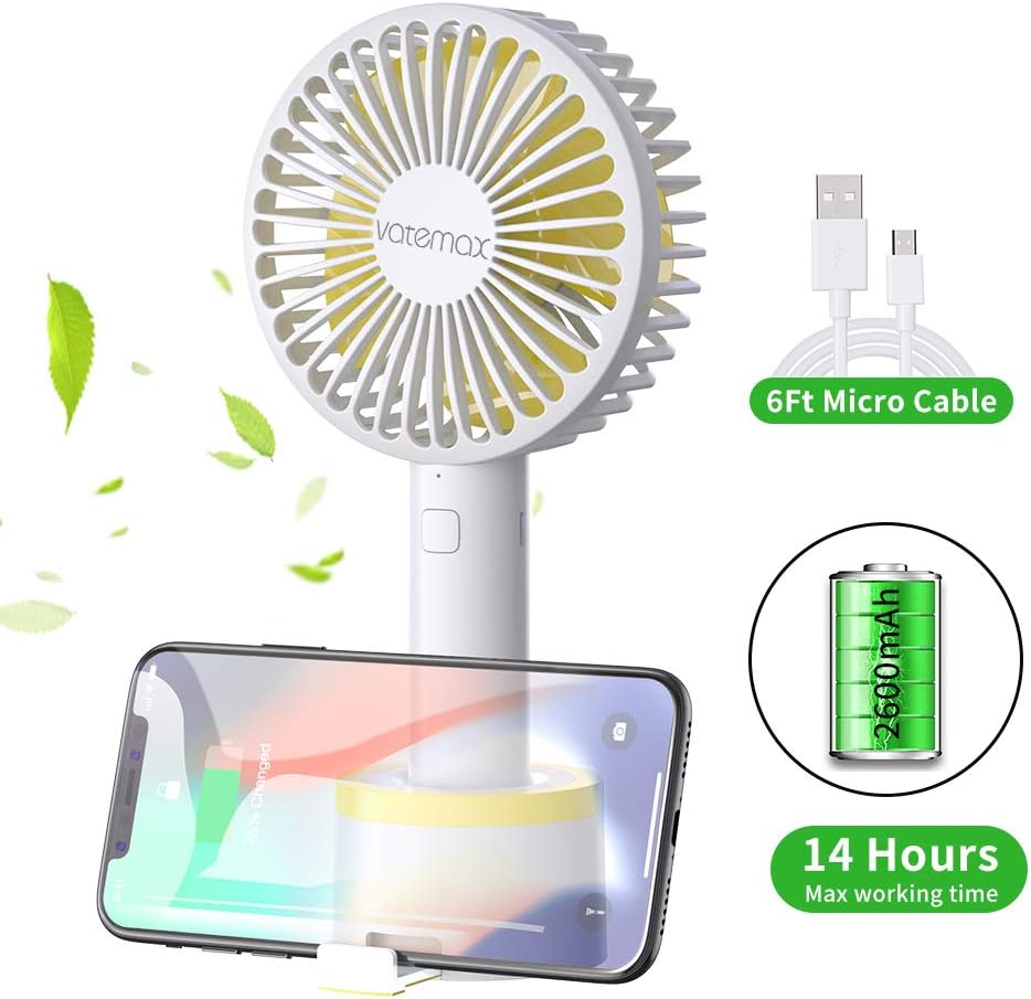 Mini Handheld Fan,Vatemax Rechargeable 2600mAh Personal Fan 3 Speeds Portable Fan Strong Airflow Desktop Fan with Base Plus 6ft USB Cable for Home,Office,Travel,Outdoor,Disney,Football Game Use(White)