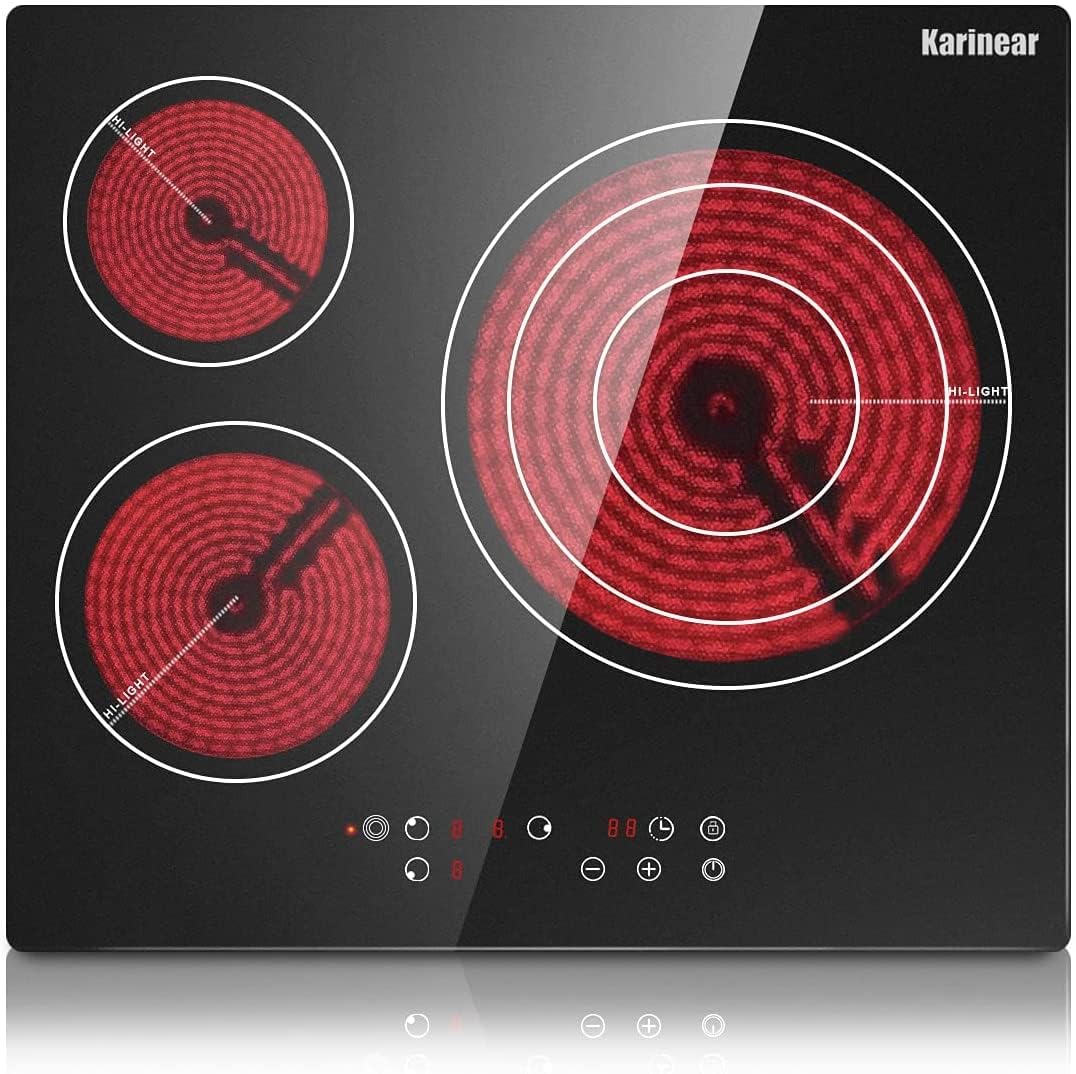 Karinear Plaque de cuisson Vitrocéramique 3 Feux | Table de Cuisson Électrique 59CM, Grand Disque, Commande Tactile, Minuterie, Verrouillage de Sécurité, 5700W, 220V