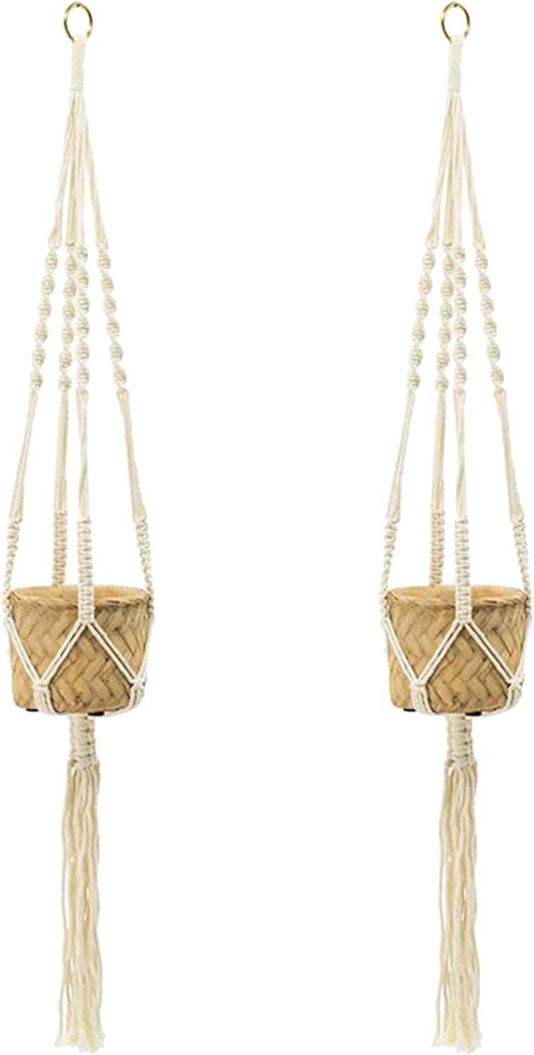 A&B Home Textured Beige Cement Planters with Cream Macrame Cotton Hangers, 5″ x …