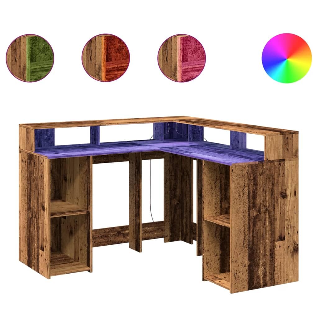 Scrivania con Libreria, Scrivania Salvaspazio, Scrivania Angolare, Scrivania con Cassetti, Scrivania con Luci LED in Truciolato Legno Antico 130x130x91 cm