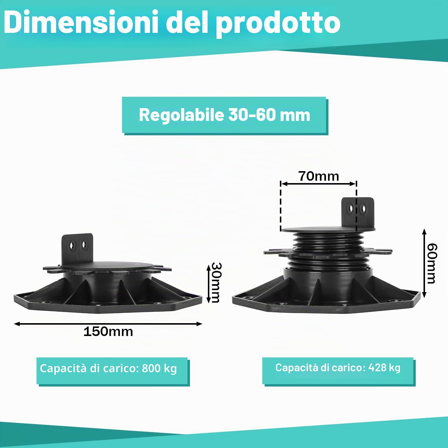 50 cuscinetti regolabili in altezza, 30 – 60 mm, per terrazze, piedini regolabili, cuscinetti per lastre di terrazze, lastre di pietra, pavimenti, piastrelle