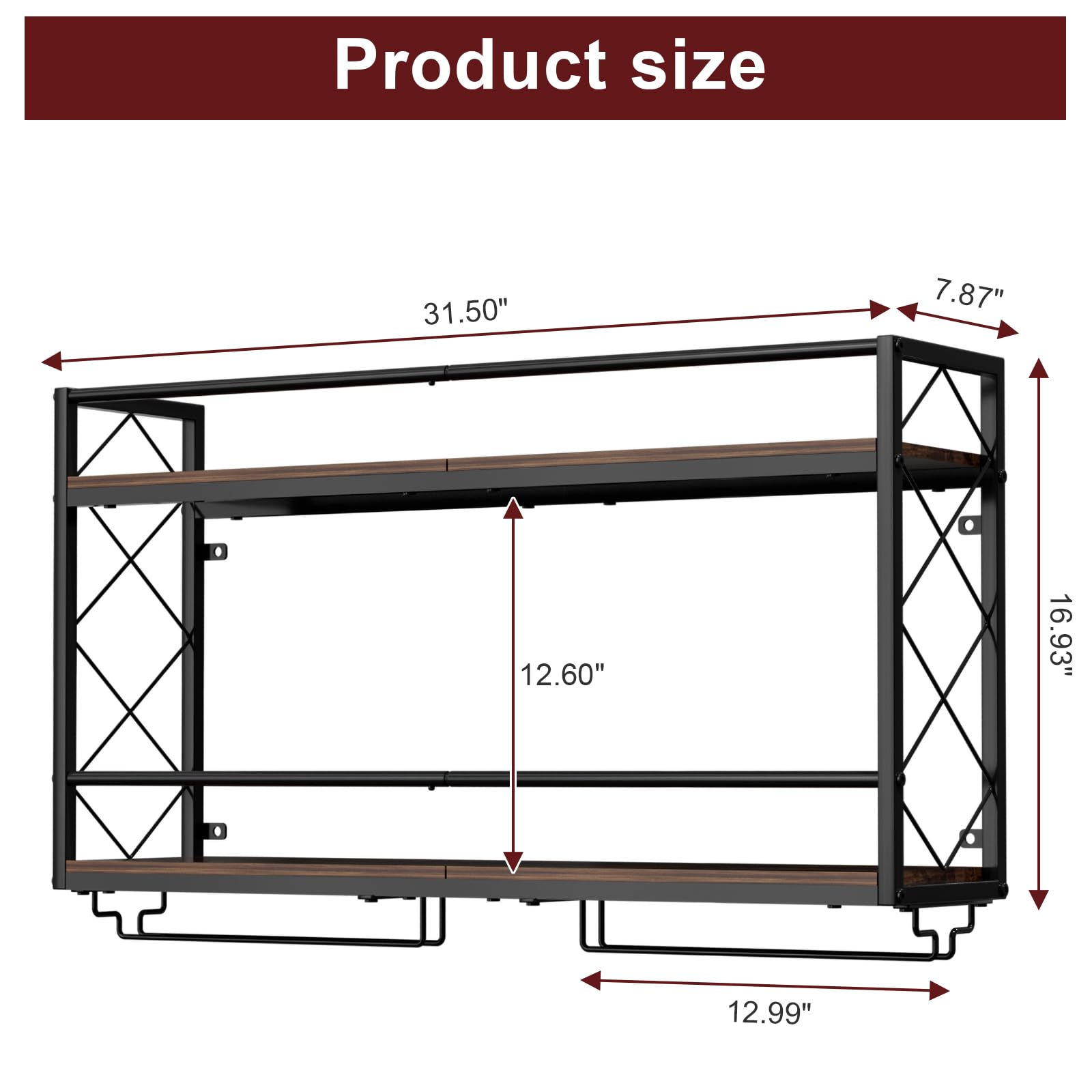 Weinregal, Wandhalterung, 2 Etagen, Wand-Weinregal mit Glashalter, Anti-Drop-Querstange, 80 cm, Metall-Weinhalter für Zuhause, Küche, Esszimmer, Bar, Schwarz