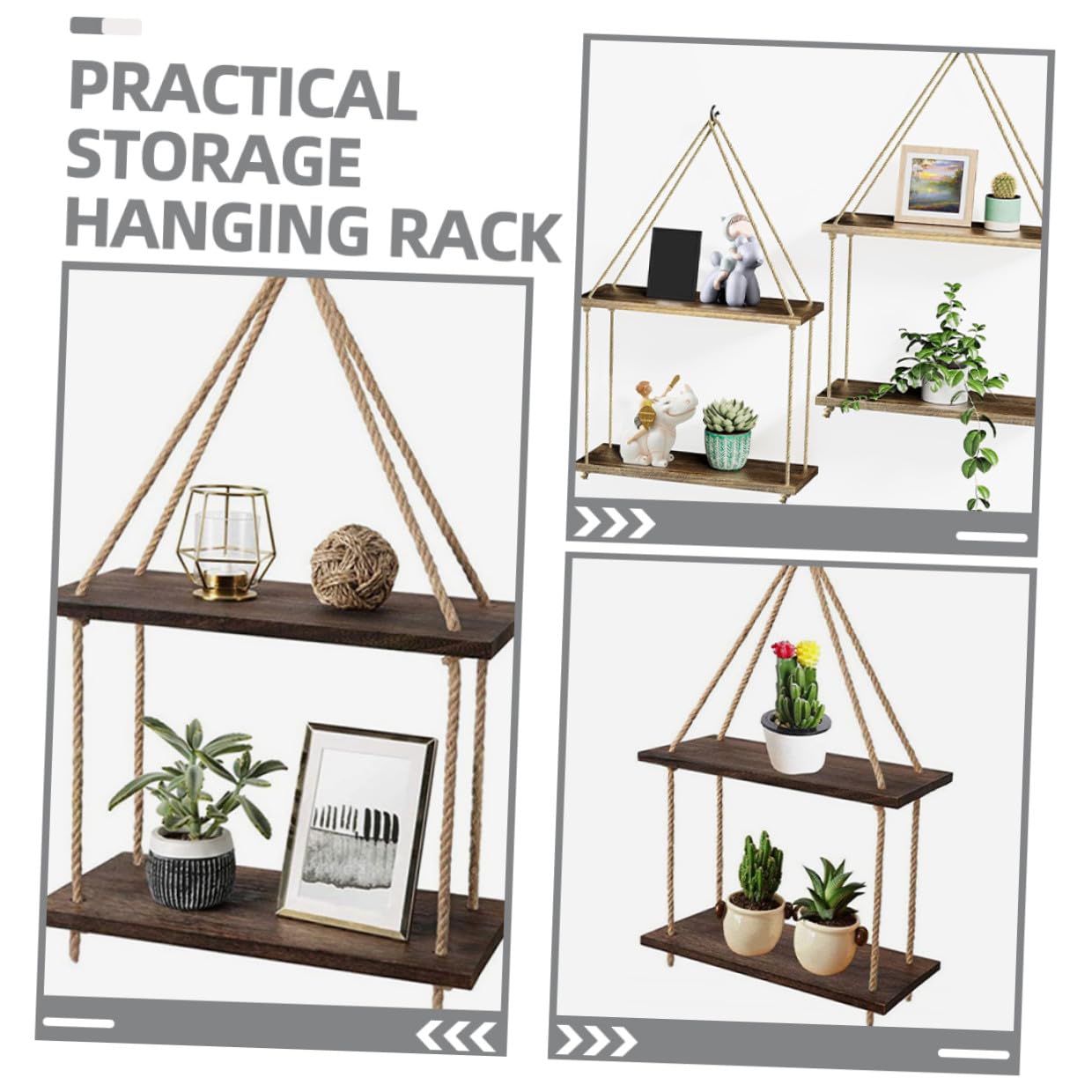 Toyvian Mensole Sospese da Parete Arazzo Boho in Legno Nero Supporto in Corda Naturale, Scaffali Galleggianti Rustici per Piante e Decorazioni, Set per Arredamento Casa