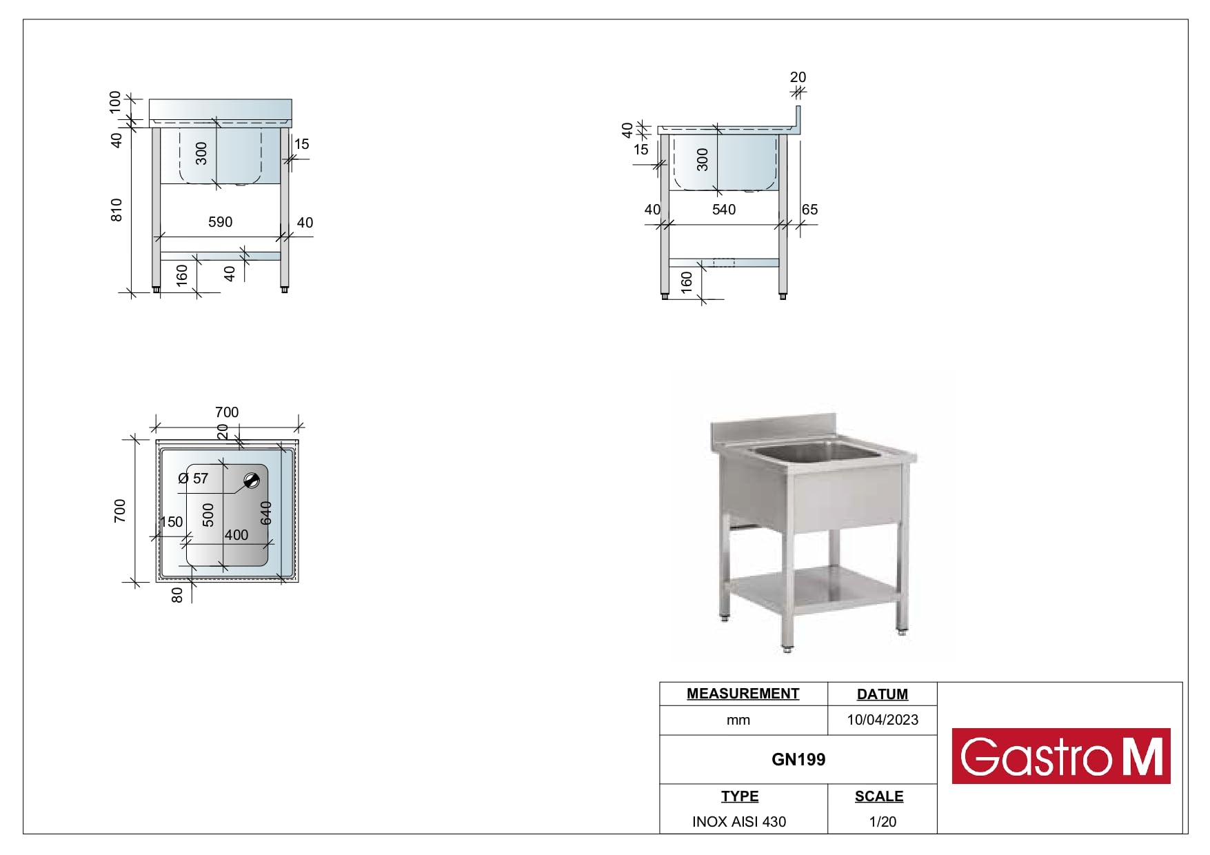 Plonge Inox Professionnel 1 Bac Avec Etagère - Gamme 700 - Gastro M