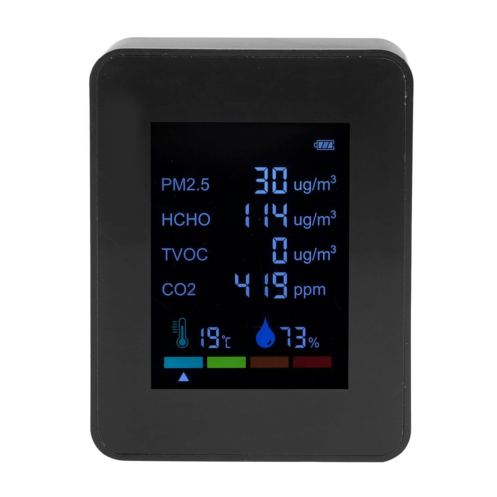 PM2.5 TVOC HCHO Detector, Automatic Calibration CO2 Monitor 6 in 1 Intelligent Color Screen USB Charging for Homes for Gyms(Black)