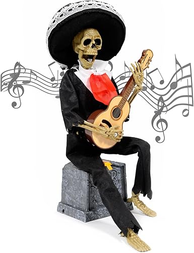 Miniatura 1 de FuinMer Decoraciones de Halloween, banda de mariachi animada, guitarrista de esqueleto en lápida con música, decoración de Halloween para casa