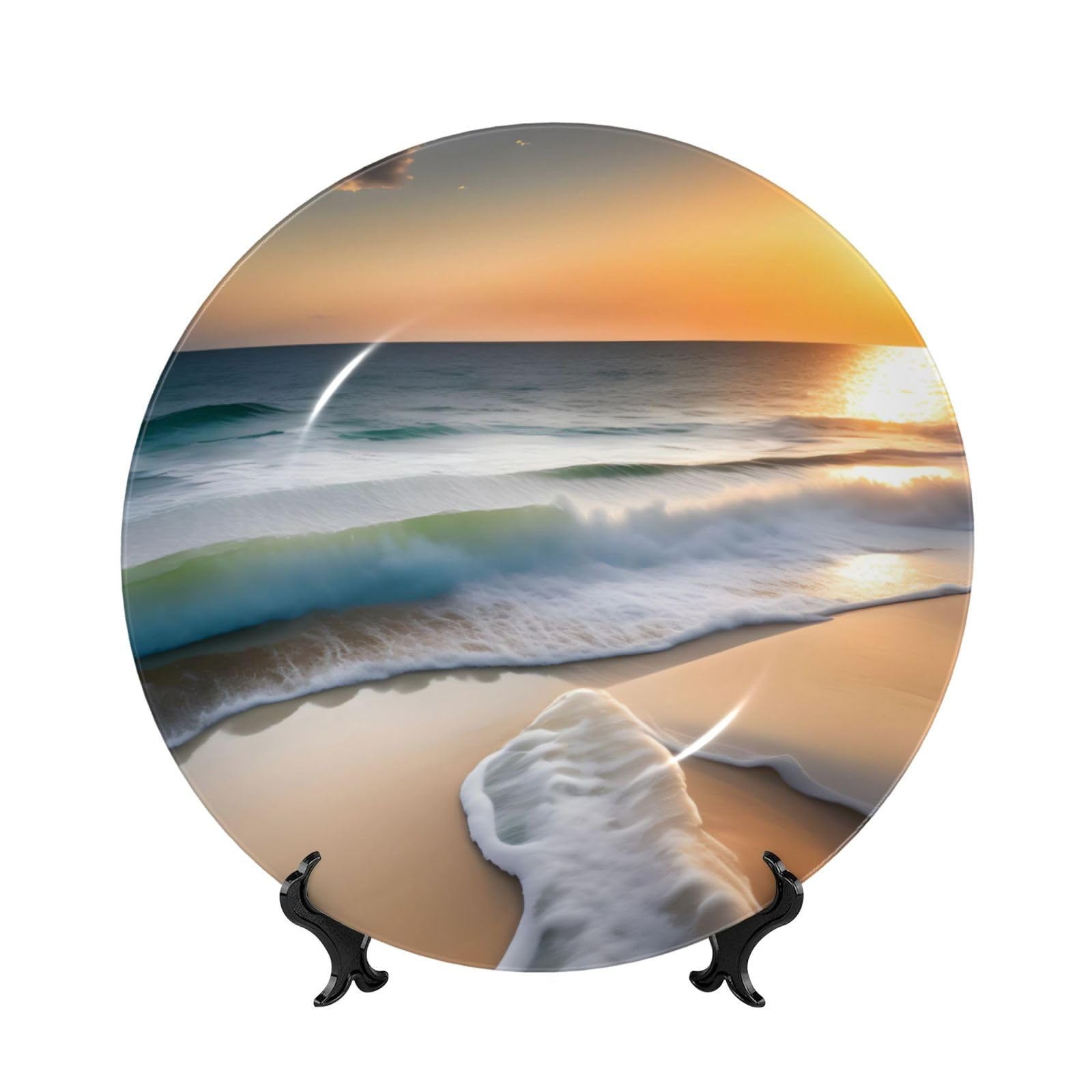 SXZVVBN Sunset over the waves Bone China Decorative Plate Art with Stand Removable Adhesive Hanging for Home Office 7in