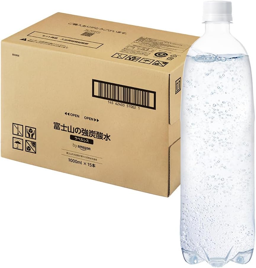 By Amazon Labelless Carbonated Water, 33.8 fl oz 1,000 ml x 15 Bottles of Mt. Fuji Strong Carbonated Water, Vanadium Included, Plastic Bottle, 33.8 fl oz 1 L Bottle, Split Material