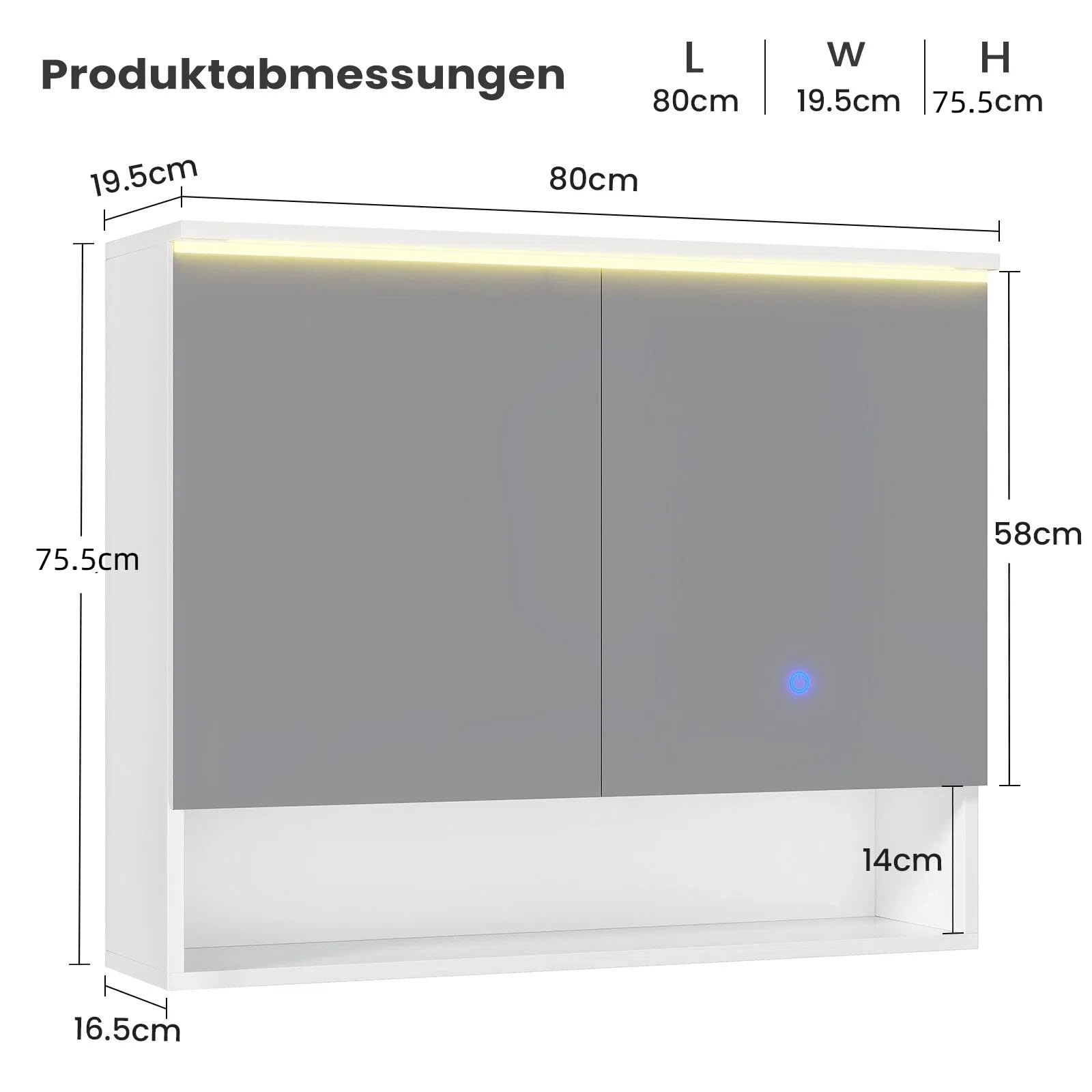 Spiegelschrank Bad mit LED-Beleuchtung und Steckdose 80 cm Breit | Doppeltür Badschrank mit HD Spiegel, Verstellbaren Ablagen, Offenes Regal, Badezimmerschrank, Wandschrank 80 x 19,5 x 75.5 cm