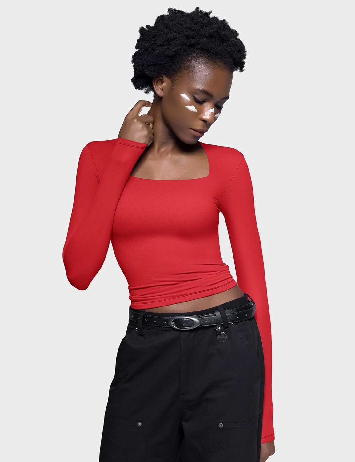 PUMIEY Women's Square Neck Long Sleeve T Shirts Slim Fit Tops Basic Tee Smoke Cloud Pro Collection - Image 4