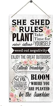 Inspirational Wood Sign, She Shed Rules Plant New Ideas Sign, Girls Room Decor, Bedroom Wall Decor, Office Decor, Decorative Wood Hanging Wood Plaque, Encouragement Gift for Her Women Friends