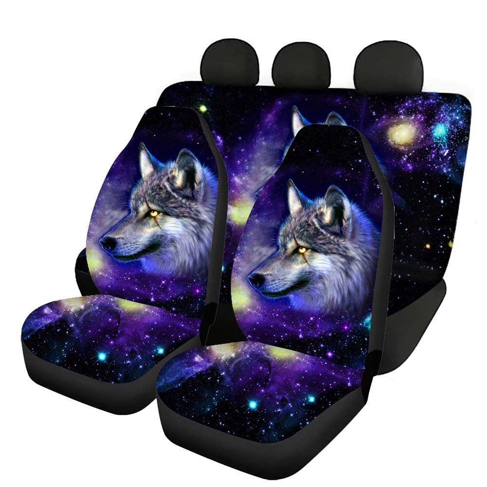 Binienty Galaxy Wolf Coprisedi Auto per davanti e dietro, Set di 4 pezzi, Tessuto elasticizzato protegge i sedili da sporco e graffi, adatto per la maggior parte dei veicoli