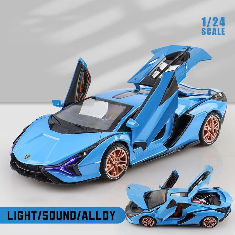 CROPDAK 🏎️ Exclusive Alloy Metal Pull Back Die-cast Car Model with Sound Light Mini Auto Toy for Kids Metal Model Toy Car with Sound and Light (1.24 Scale Lamborghini SIAN FKP37 - Blue) 3