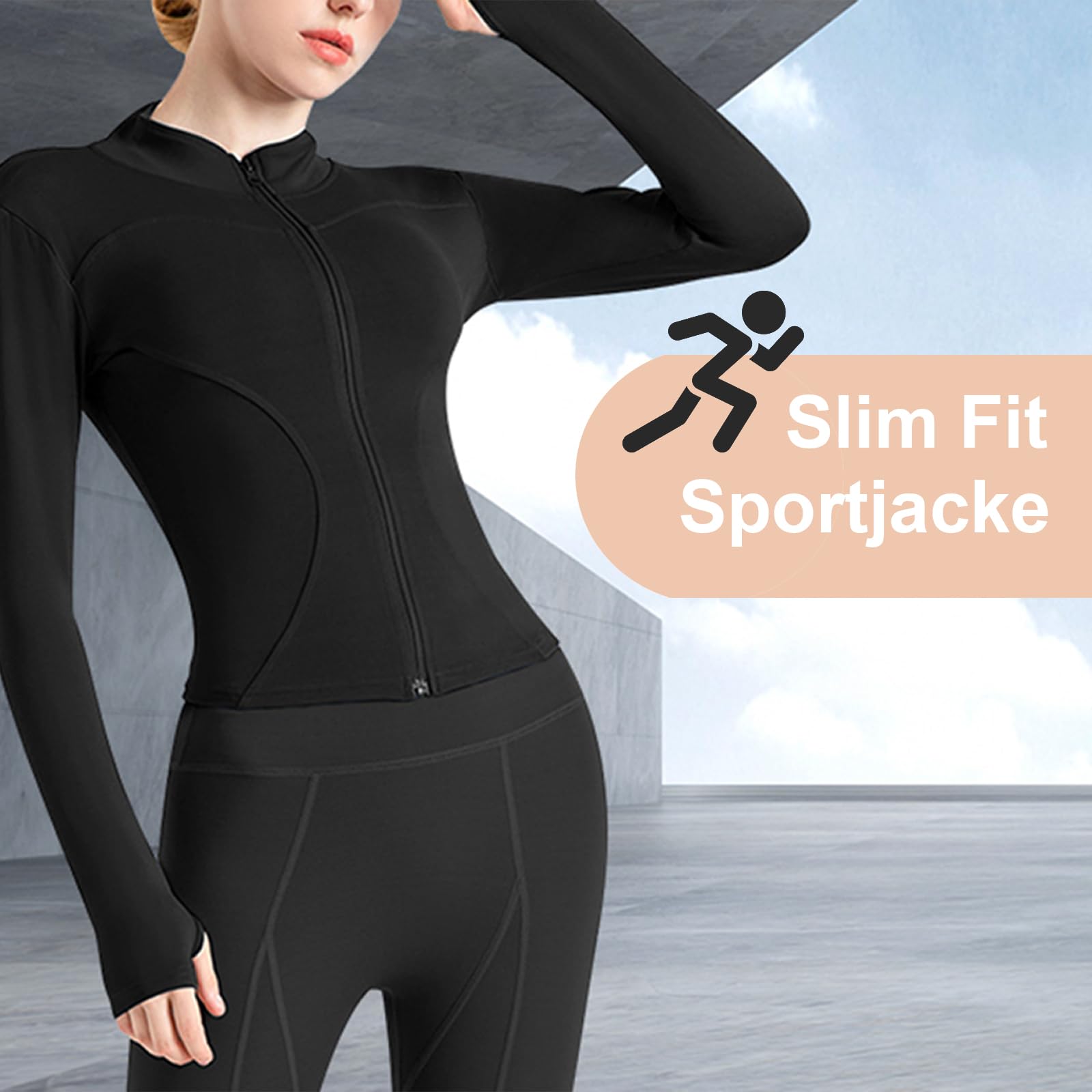 Sportshirt Damen Langarm, Gym T-Shirt Laufshirt mit Langer Reißverschluss, Leicht Fitness Oberteil Sweatshirt, Yoga Langarm Crop Top mit Daumenloch, Sportjacke für Frauen