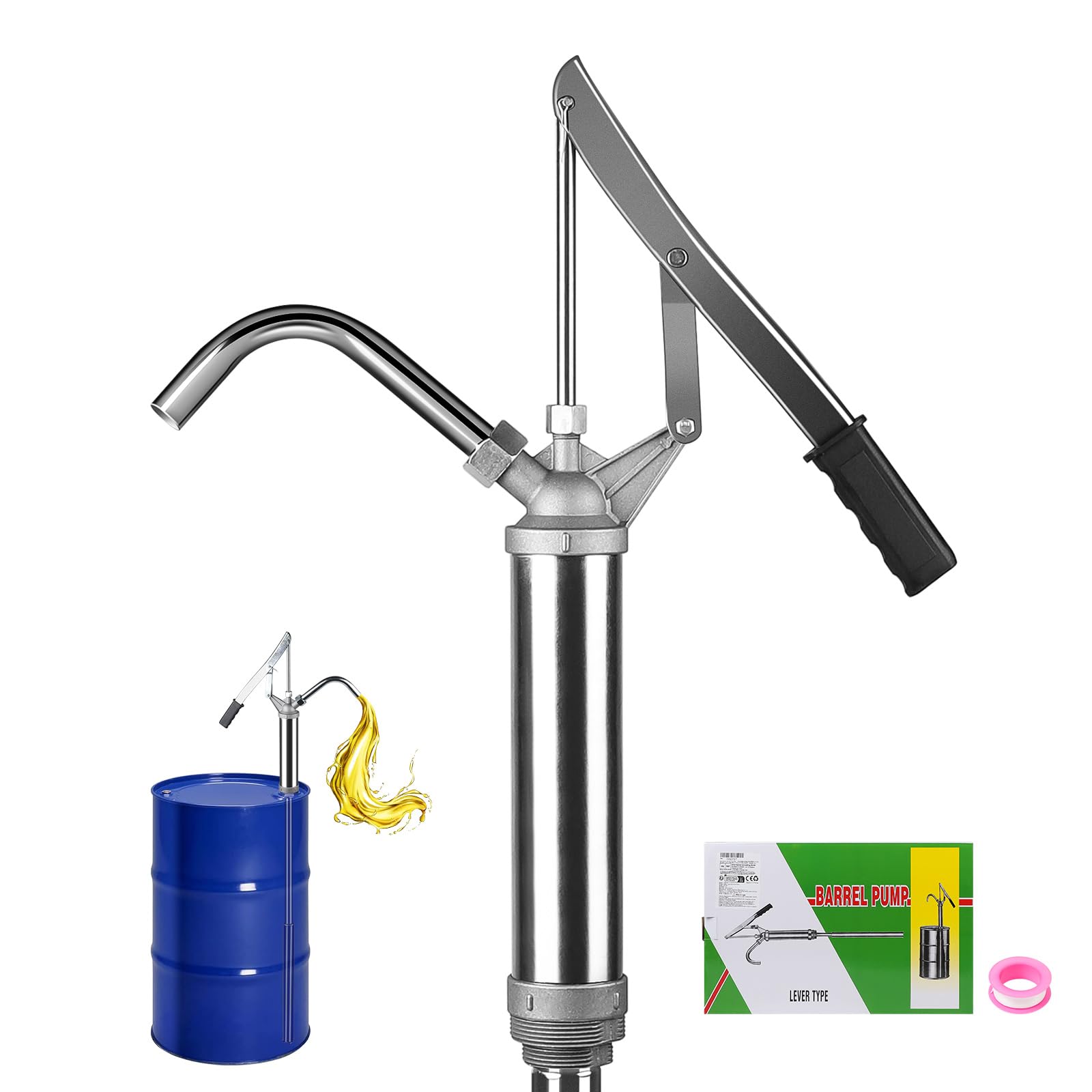 SWAWIS Pompa a Leva per Fusti d'Olio 15-55 Galloni 24L/min Argento | con Tubo dell'Olio Telescopico, Pompa a Barile per Estrazione di Gasolio, Olio e Lubrificante