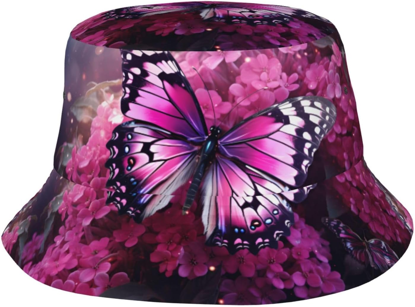 Pink Flower Purple Butterfly Prints Summer Outdoor Travel Bucket hat, a Beach Sun hat Suitable for Both Men and Women