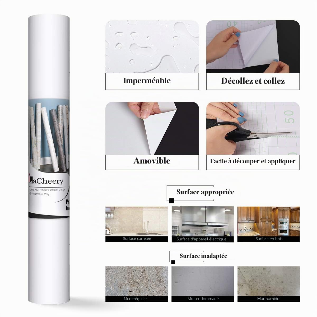 LACHEERY Papier Adhesif pour Meuble Blanc Mat 60cm x 400cm Papier Peint Autocollant Mural Moderne Vinyle Film Vinyle Autocollant Blanc Uni Imperméable pour Comptoir Mur Stickers Frigo Cuisine