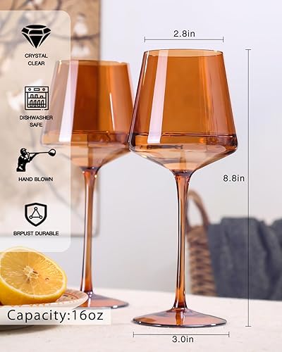 Miniatura 4 de Juego de copas de vino de colores de 6 a 16 onzas, copas de vino de hoja de naranja oscuro con tallos largos altos y parte inferior plana, copas de