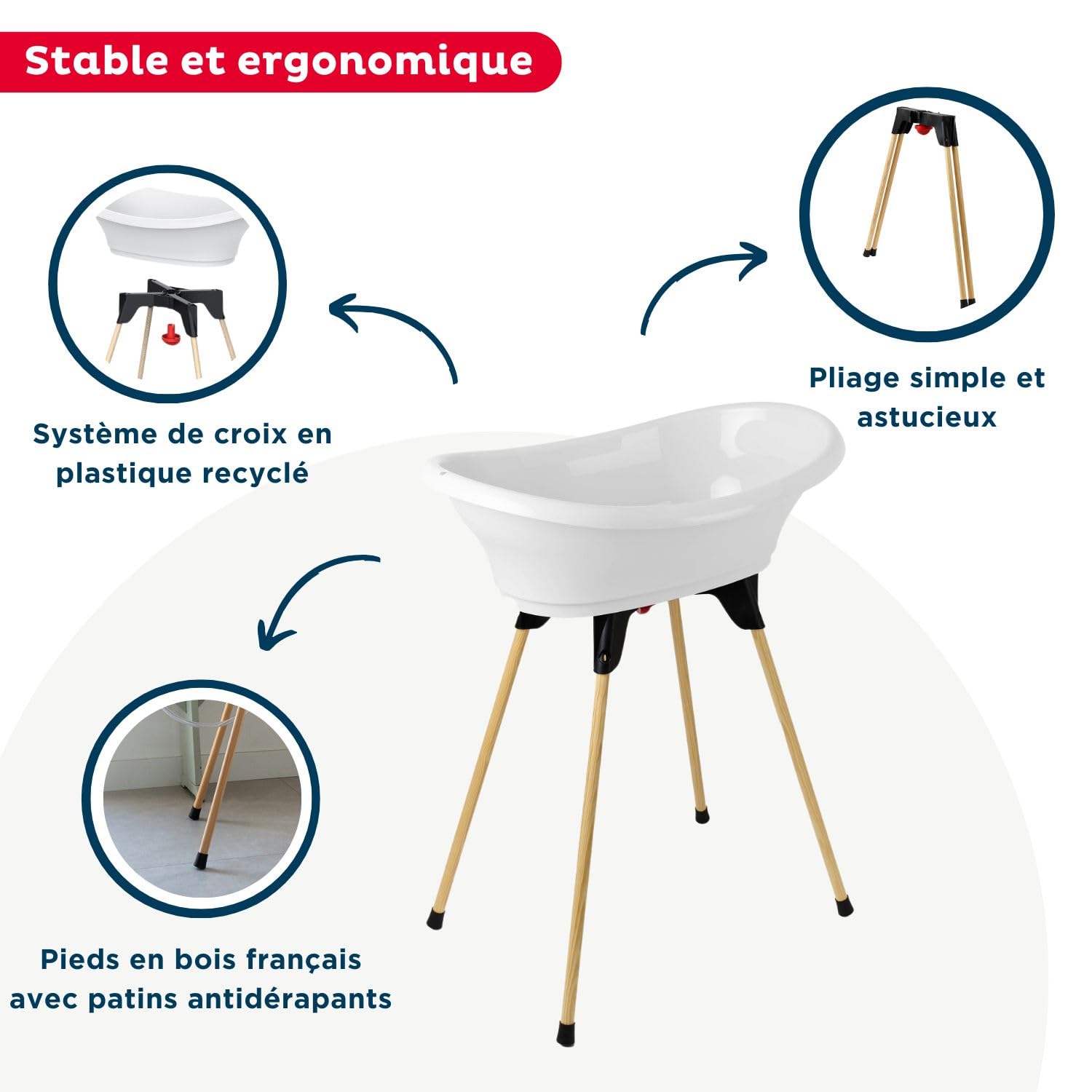 THERMOBABY Vasco Baignoire Bébé Pliable avec Pied en Bois et Tuyau de Vidange - Blanc Muguet