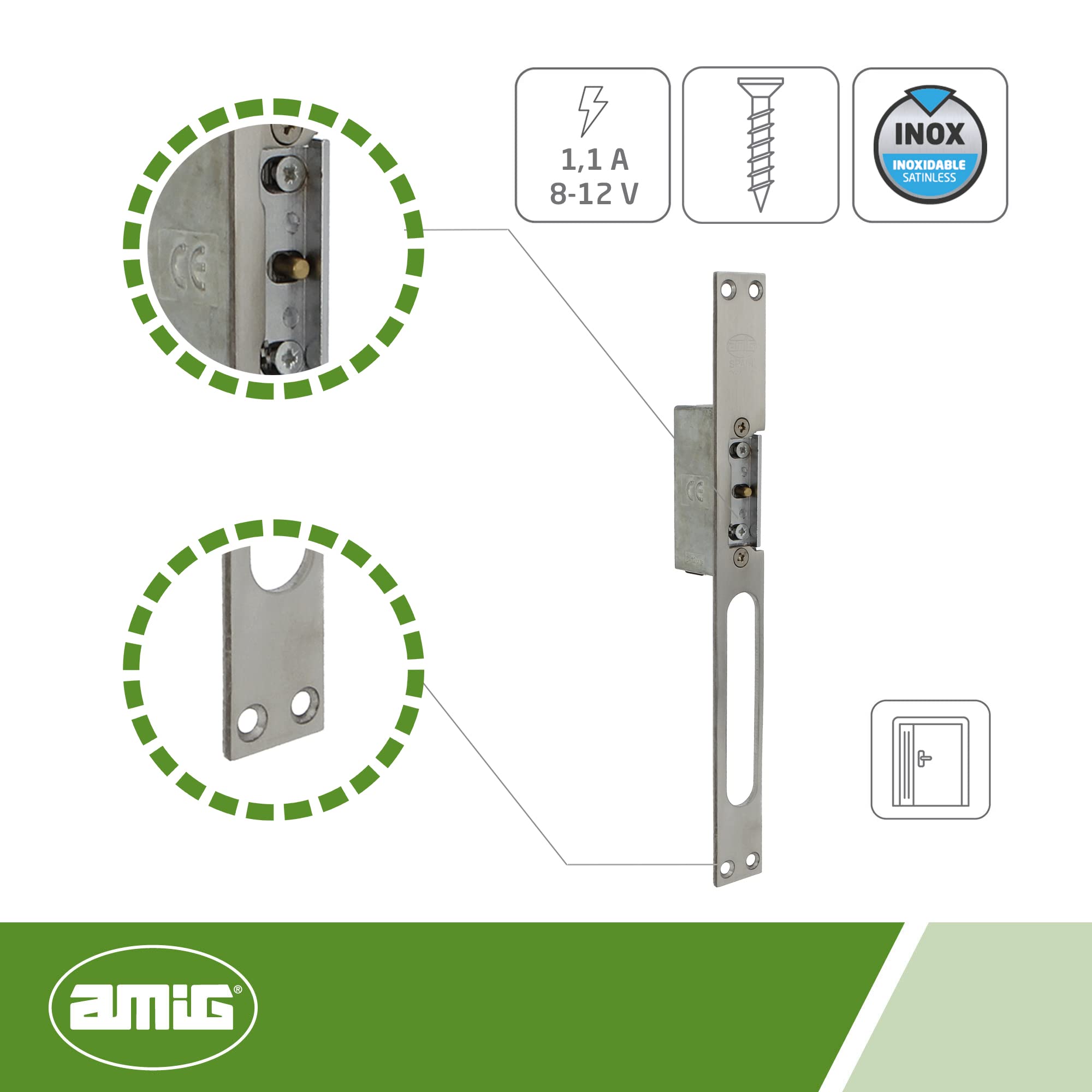 Amig - Abrepuertas Eléctrico de Embutir para Puertas - Mod.40-250 x 25 x 3 mm - Amperaje: 1,1 A - Incluye Bobina de 8-12 V de Corriente Alterna - Cerradero para Portales, Tiendas u Oficinas