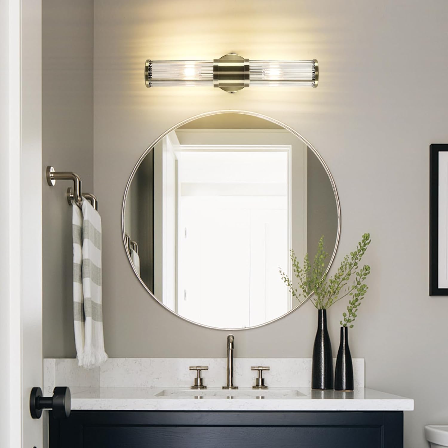 JOOSENLUX 2 Light Bathroom Vanity Light Fixture, Antique Bronze Wall Sconce Set with E12 Base and Glass Rod Design – Decorative Lighting for Bathroom Mirror, Powder Room, Hallway, Bedroom