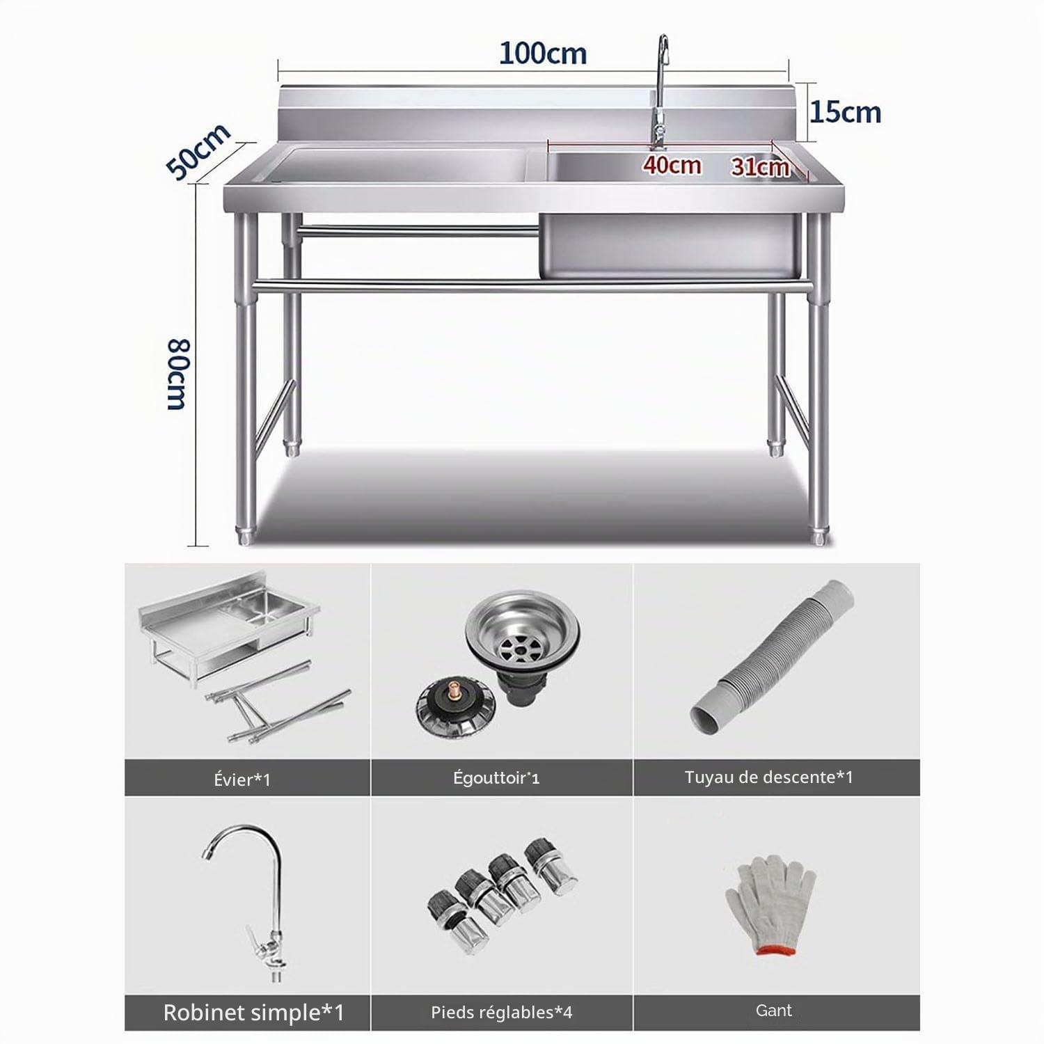Grand Évier Cuisine 1 Bac avec Plate-Forme D'exploitation, Évier Autoportant avec Porte-Serviettes et Robinet, Évier Utilitaire INOX, pour Cuisine, Garage