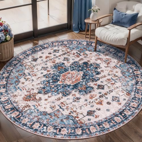 Image of Tangsoo Washable Round Rug 4ft, Oriental Non Slip Small Circle Rug Blue