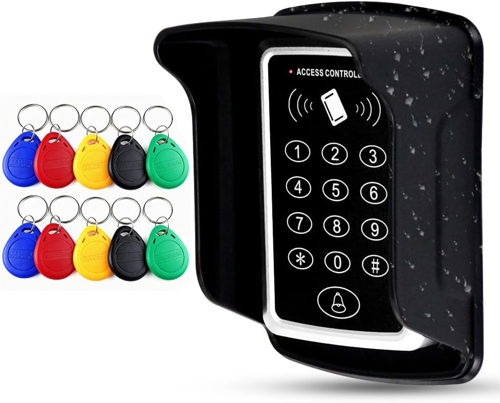 RFID Access Control Keypad T12,125KHz Proximity Door Reader with Metal Keypad,Storage for 1000 Users (Card+PIN),IP65 Waterproof Cover Included,10 Mixed Color ID Keychains for Door Entry System