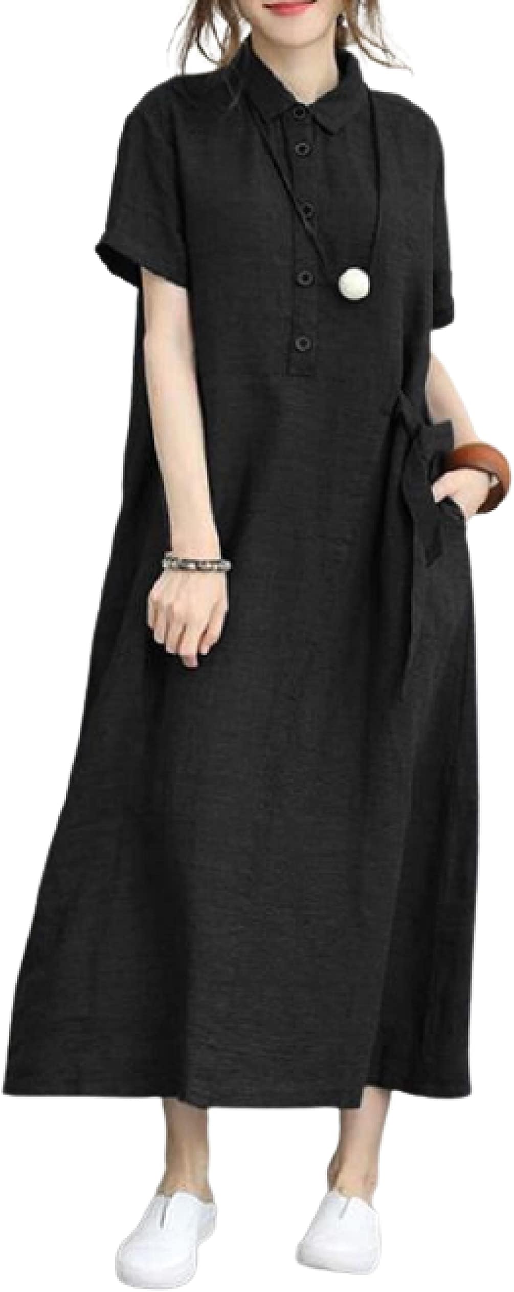 Women's plus size loose cotton linen long kaftan dress with pockets solid color dress robe