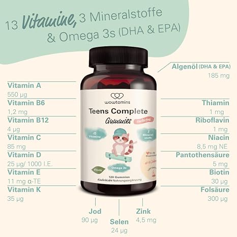 wowtamins Teens Complete Sugar-Free - Vitamins for Teenagers (30 Day Supply) - Multivitamin Gummies with Omega 3 - Dietary Supplement for the Immune System with Vitamin C D3 B12 Zinc & More