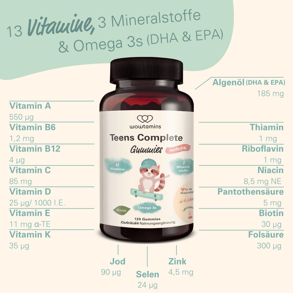 wowtamins Teens Complete zuckerfrei - Vitamine für Jugendliche (30-Tage-Vorrat) - Multivitamin Gummies mit Omega 3 - Nahrungsergänzungsmittel für das Immunsystem mit Vitamin C, D3, B12, Zink & mehr