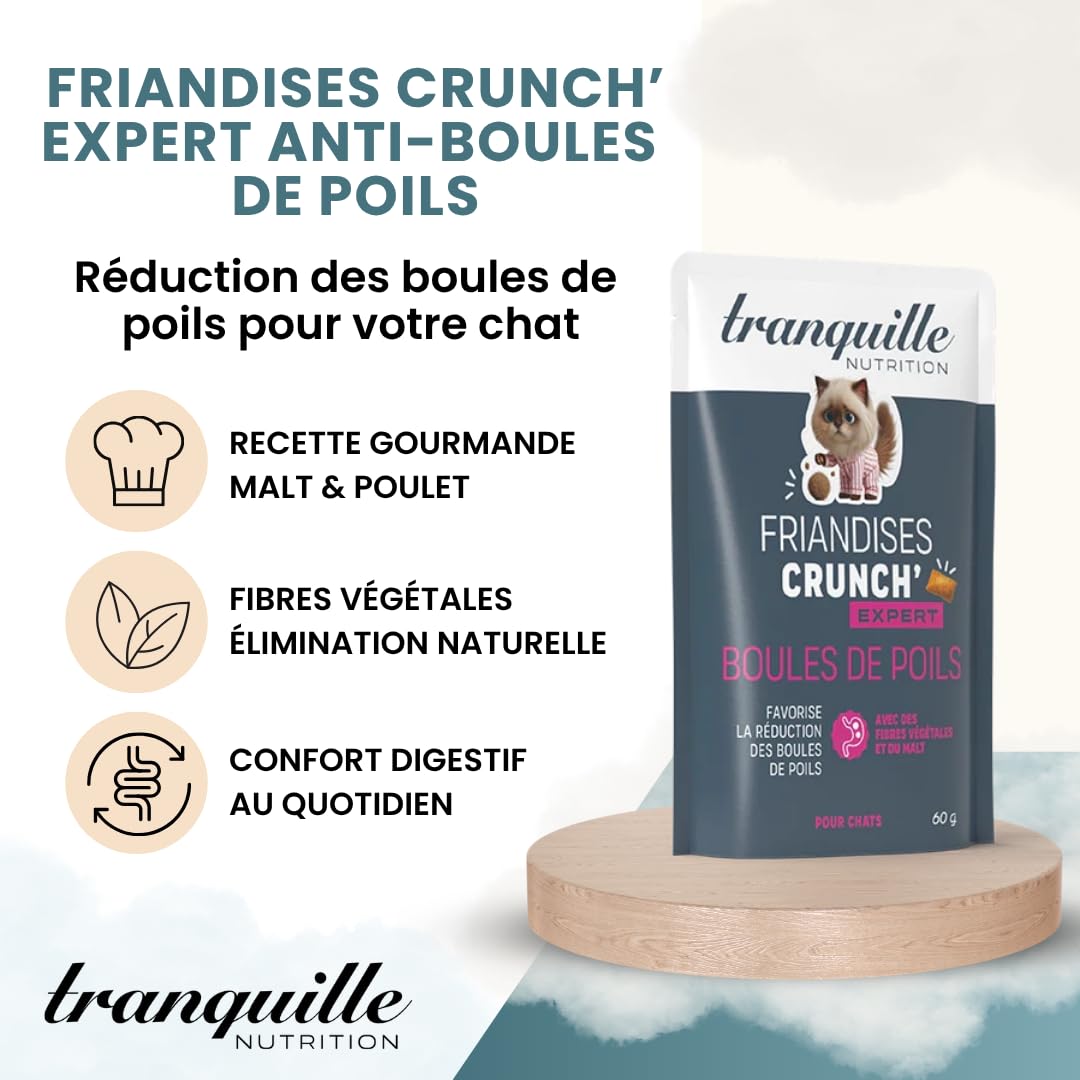 Tranquilo Crunch' Expert Anti Bola de Cerdas para Gato (Lote de 40 x 60 g) | Dulces de Malta y Fibras Vegetales | Croqueta Gato | Snack Preventivo Bienestar | con Pollo y sin Azúcares