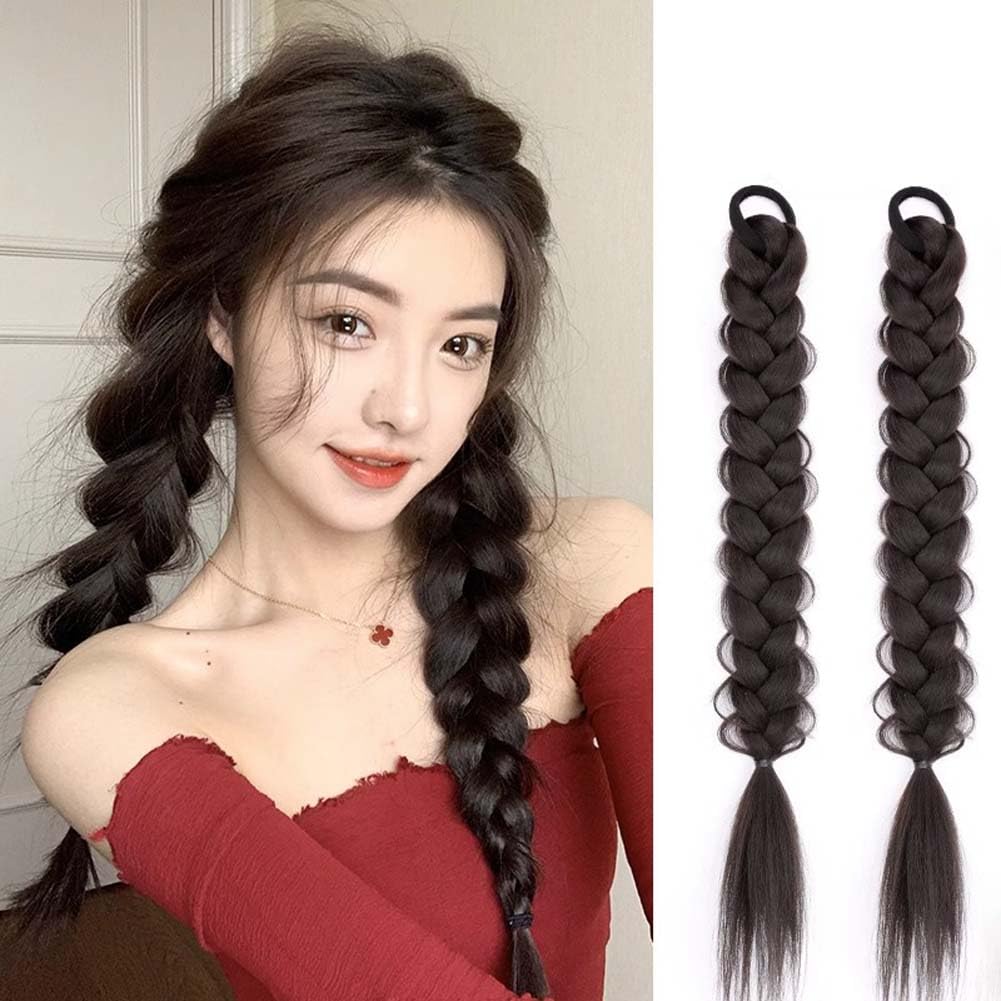 2Pcs Braided Ponytail Extensions with Hair Ties Soft Synthetic Hair Pieces for Women Girls Daily Wear 19.7 Inch Suitable for parties birthdays