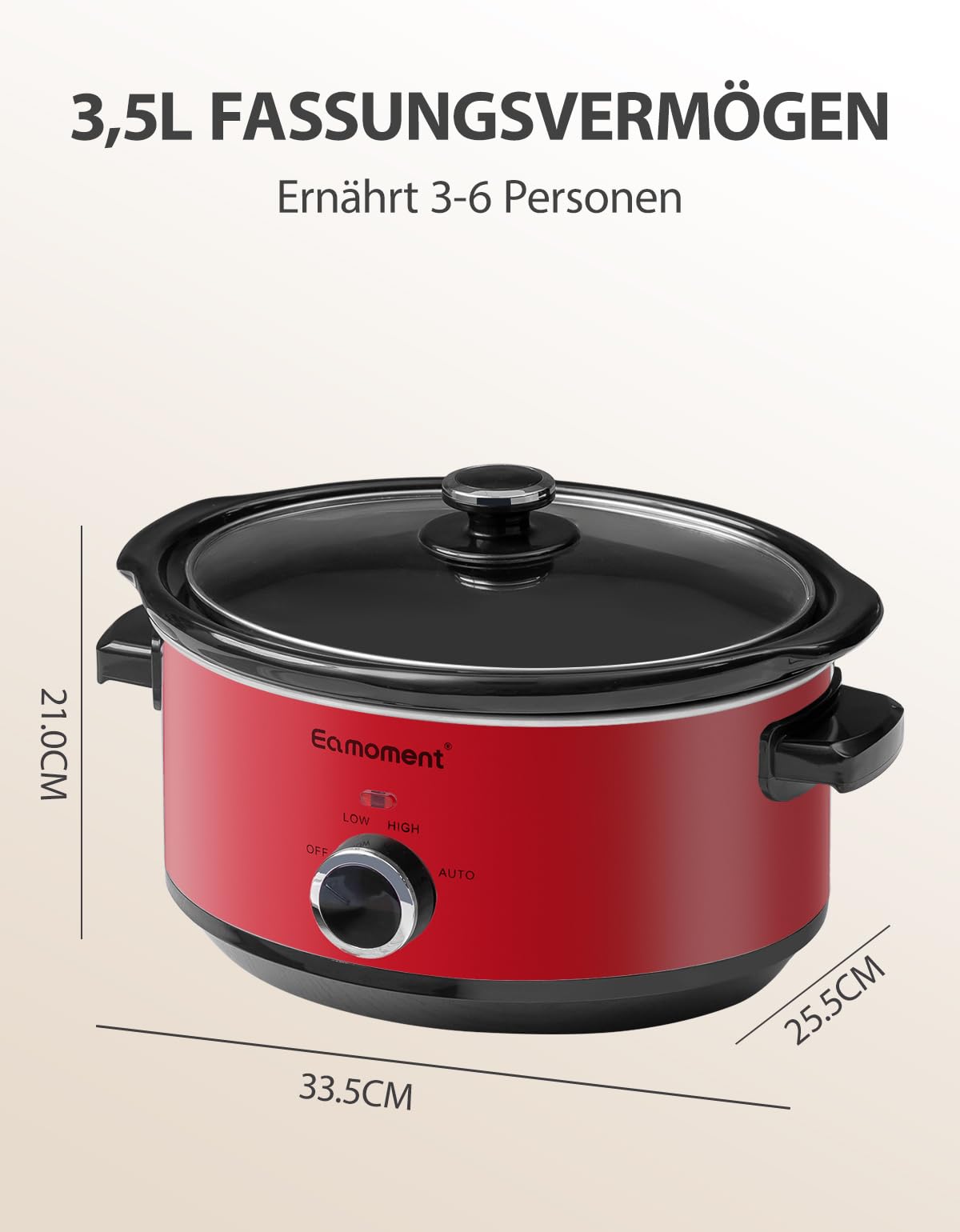 Slow Cooker, 3,5 Liter Edelstahl Schongarer mit Keramiktopf, Einstellbare Temperatur, Spülmaschinenfester Keramiktopf und Deckel aus Gehärtetem Glas, 200W