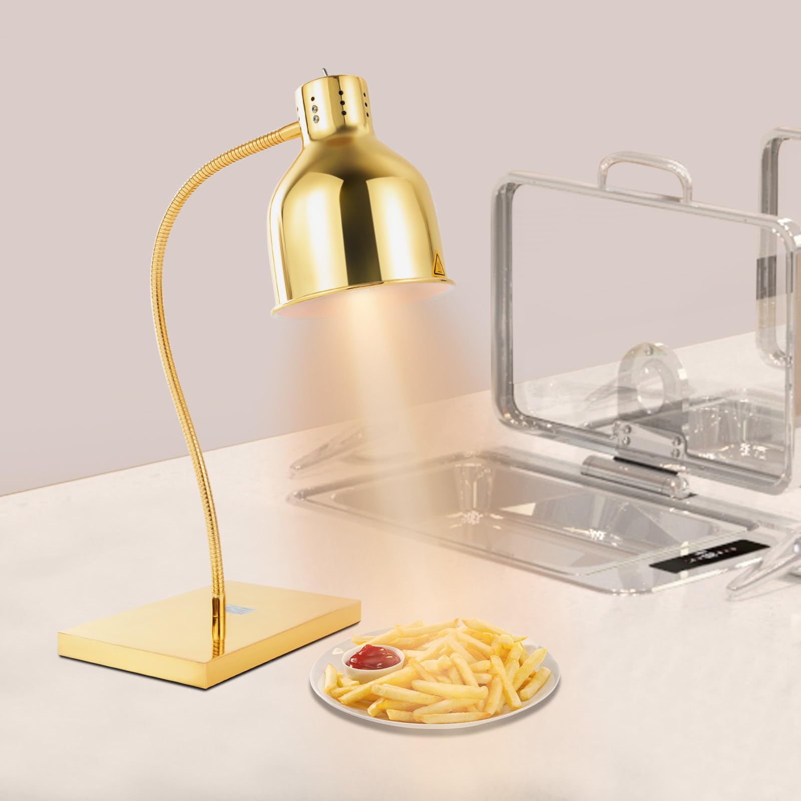 Food Heat Lamp, Portable Electric Food Warmer with Free-Standing 250W Portable Electric Heating Lamp Commercial Food Warmer Lamp for Restaurant Kitchen Cafeteria (Gold)