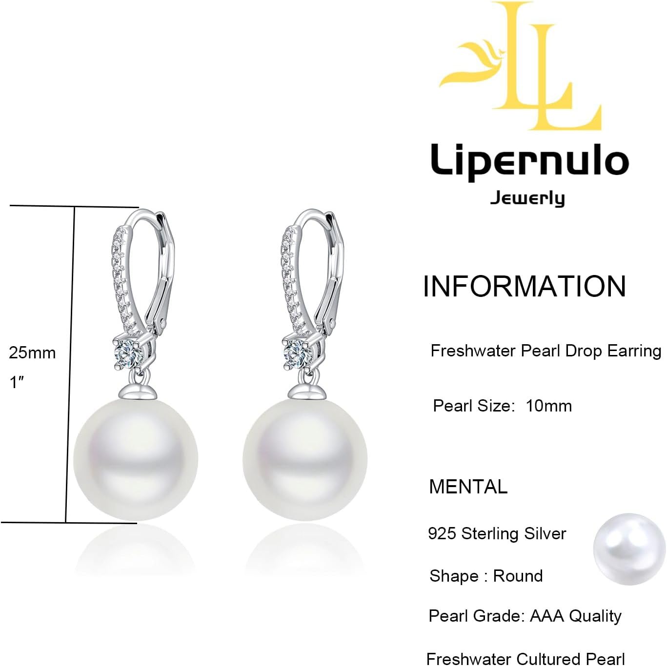 Freshwater Pearl Hoop Earrings, 8-10mm 925 Sterling Silver Cultured Pearls Drop Dangle Earrings with Cubic Zirconia, Wedding Anniversary Jewelry Gifts for Women - Image 6
