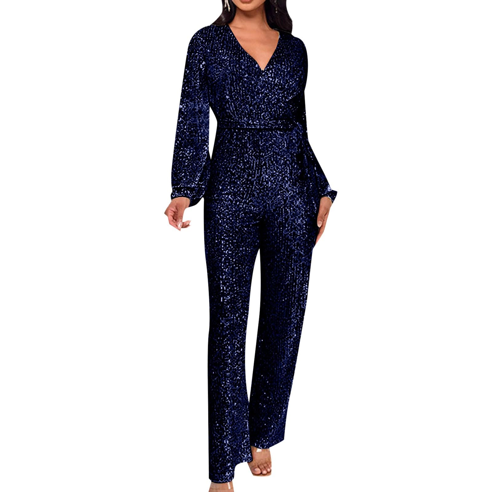Body da donna con paillette, elegante, con cintura, tuta, tuta, con glitter, pantaloni larghi a maniche lunghe, scollo a V, body lungo