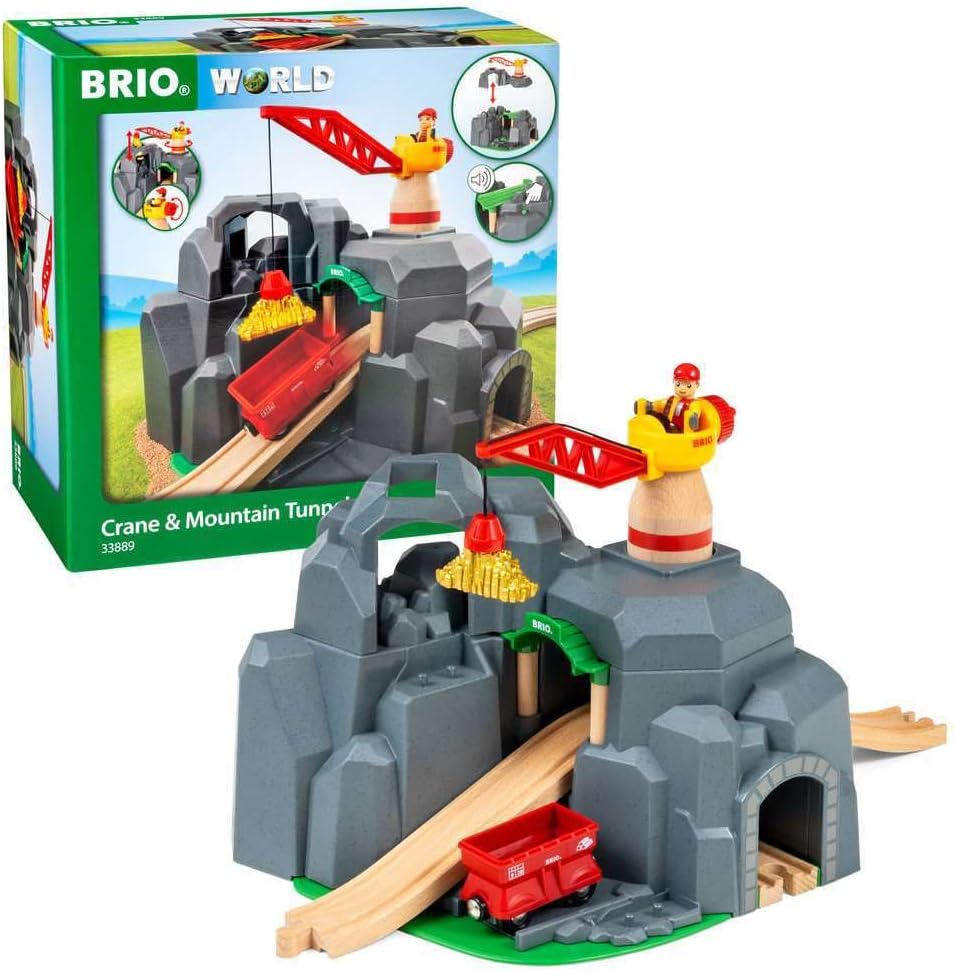 BRIO World - 33889 Crane & Mountain Tunnel | 7 Piece Toy Train Accessory for Kids | Interactive Play | FSC Certified Wood | Perfect for Ages 3 and Up