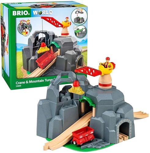 BRIO World - 33889 Crane & Mountain Tunnel | Accesorio de tren de juguete de 7 piezas para niños | Juego interactivo | Madera certificada FSC |