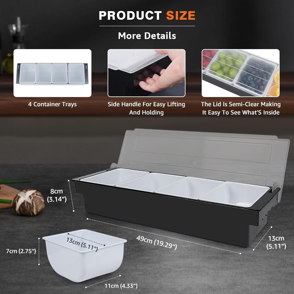 JUSINGMI Bar Fruit Condiment Caddy With Lid,Bar Garnish Tray Caddy For Bartenders,Plastic Toppings Container For Fruits,Ice Cream,Salad (4 Compartment)