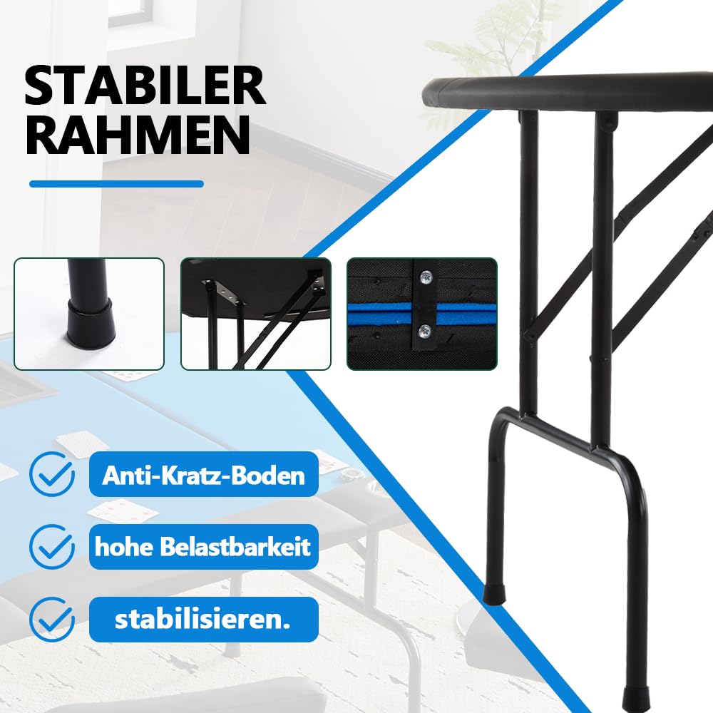 Mingone Oval Pokertisch Klappbar 208x106 cm mit Getränkehalter aus Edelstahl, gepolsterte Armauflage blau
