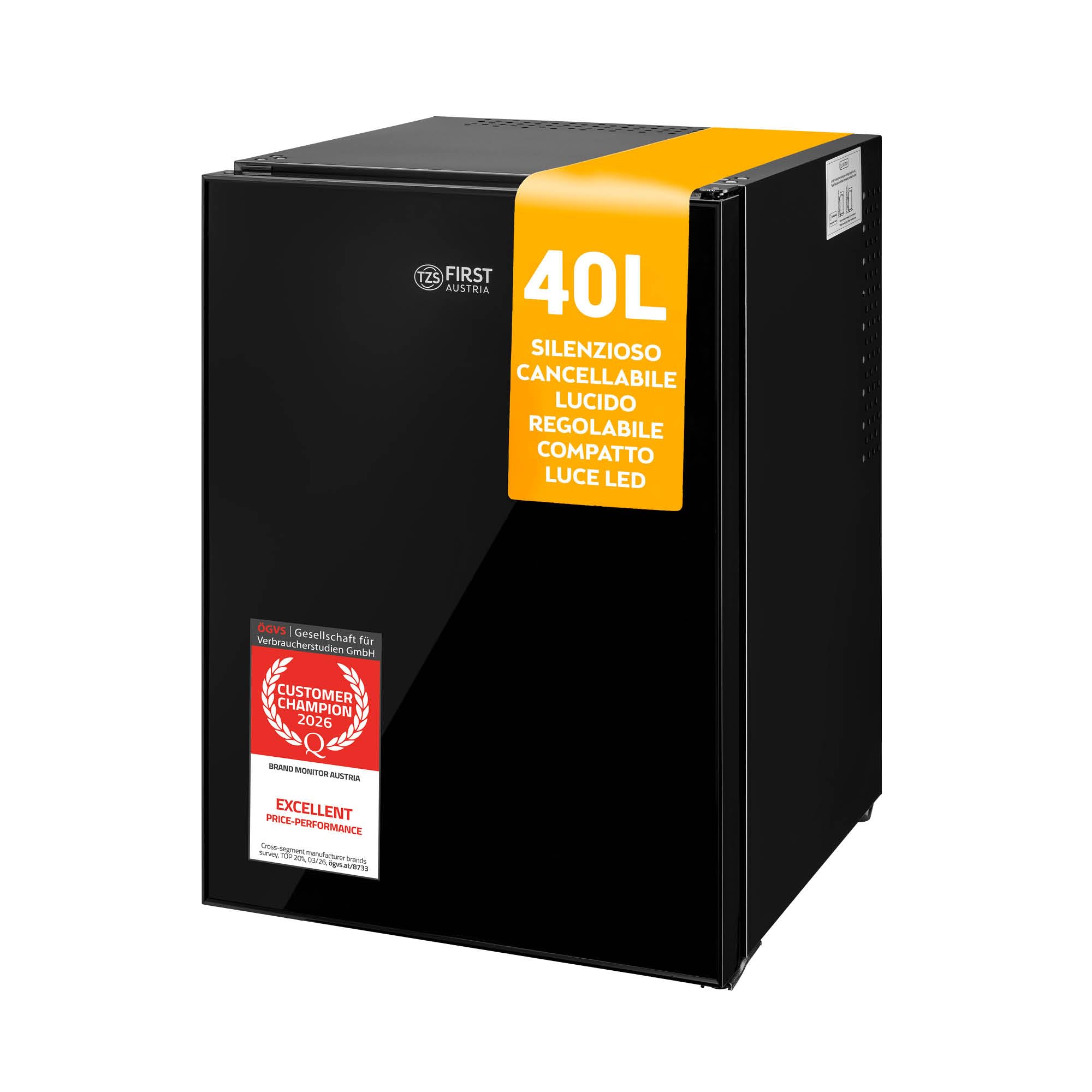 TZS First Austria - Mini Bar - Mini Frigorífico 40L Silencioso con Cerradura y Puerta Reversible - Nevera con Iluminación Interior para Camping, Oficina, Dormitorio y Hotel - Negro Mate