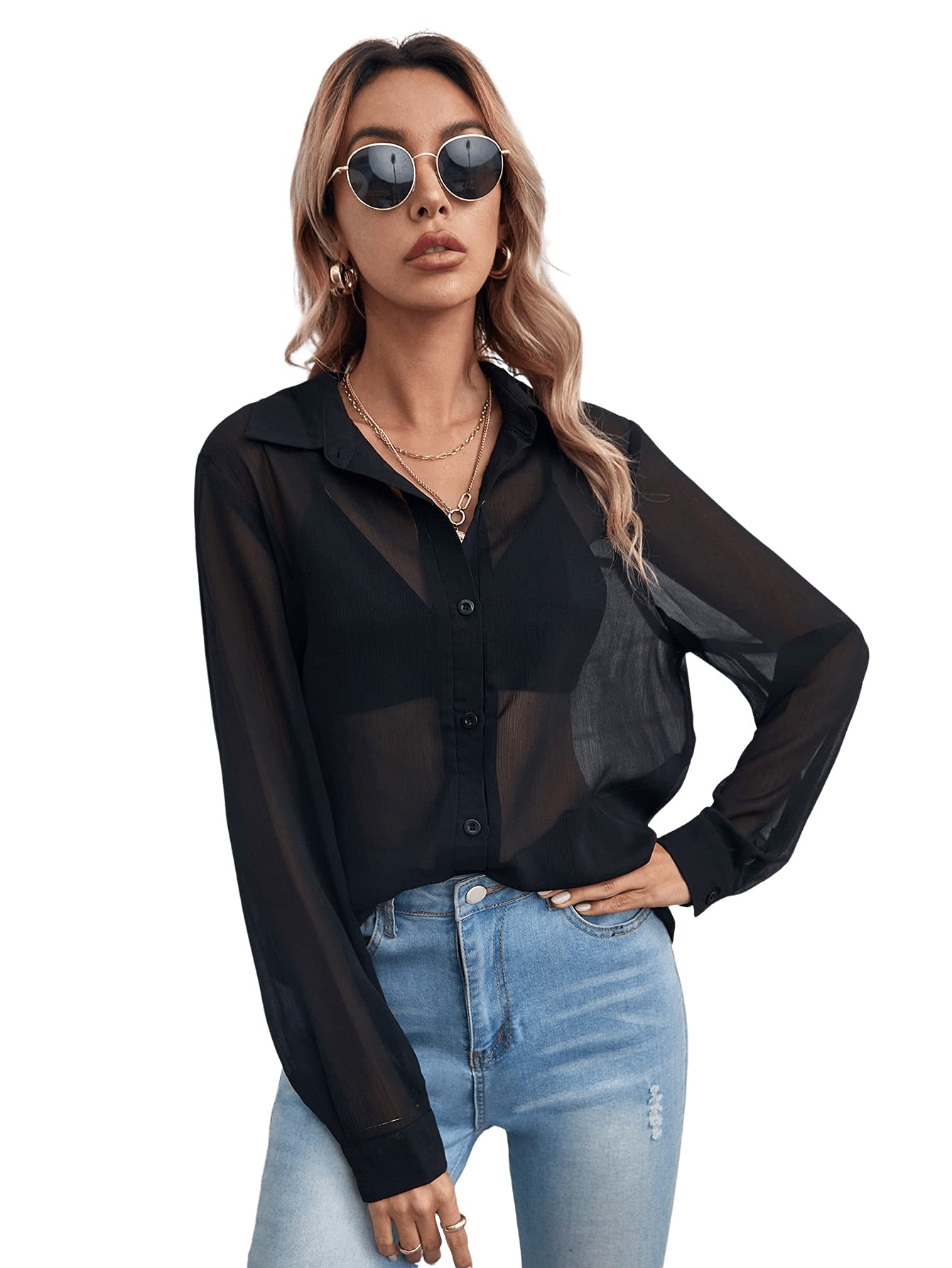 Floerns Blusa de Manga Corta con Botones de Malla Transparente para Mujer