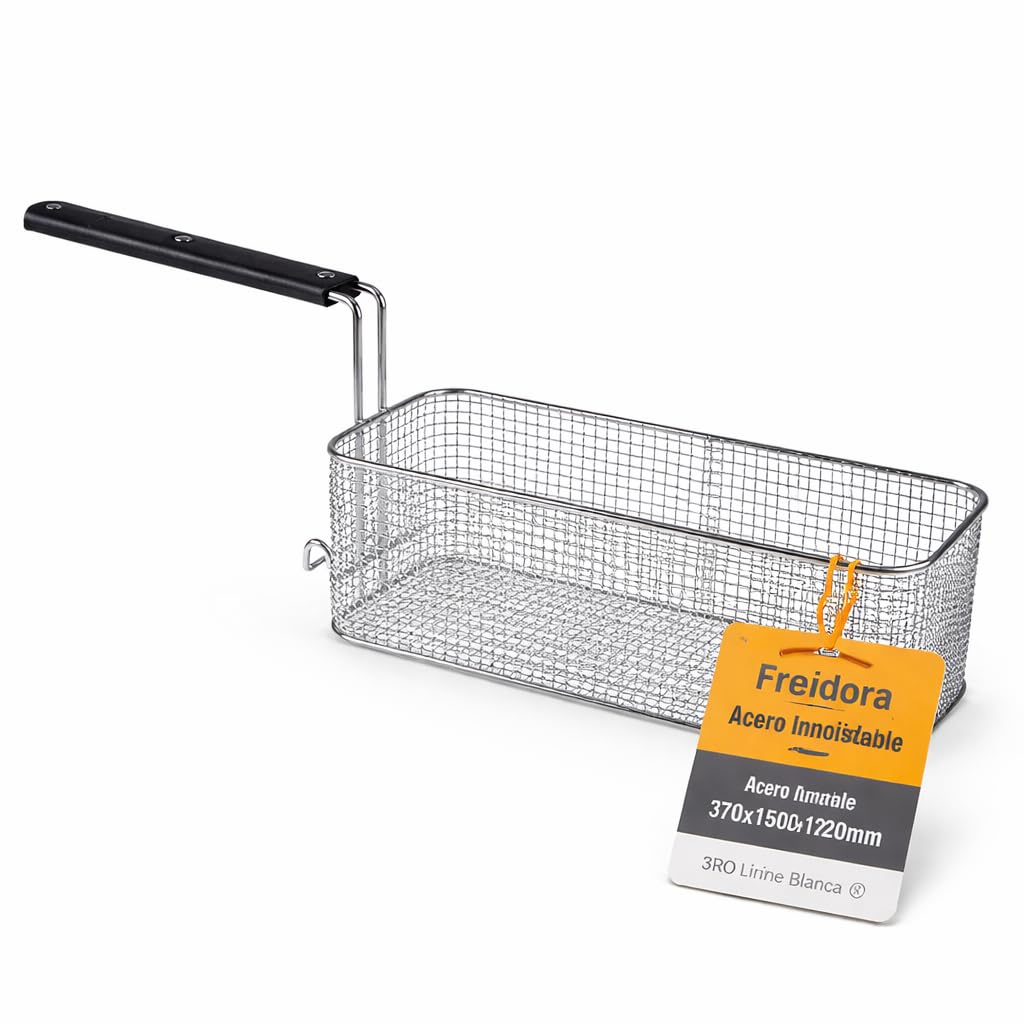 RO Linea Blanca ® Cesta Freidora Inox 370x150x120mm Malla Reforzada Mango Aislante Gancho Escurrido Repuesto Hosteleria Compatible con Angelo Po Compatible con Sagi