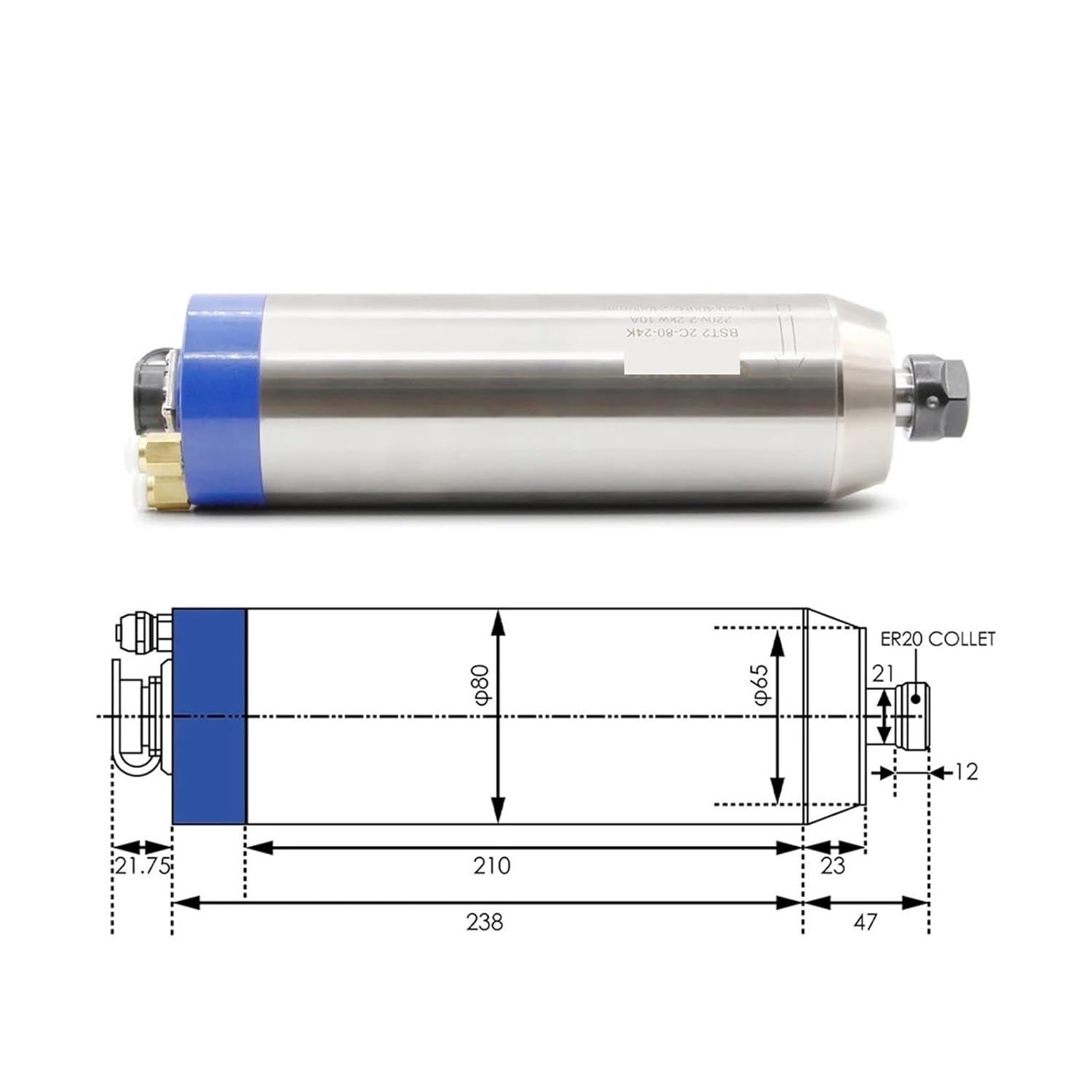 2.2kw ER20 D80 water-cooled spindle 220v 380v(Steel bearings,110v H100 VFD)