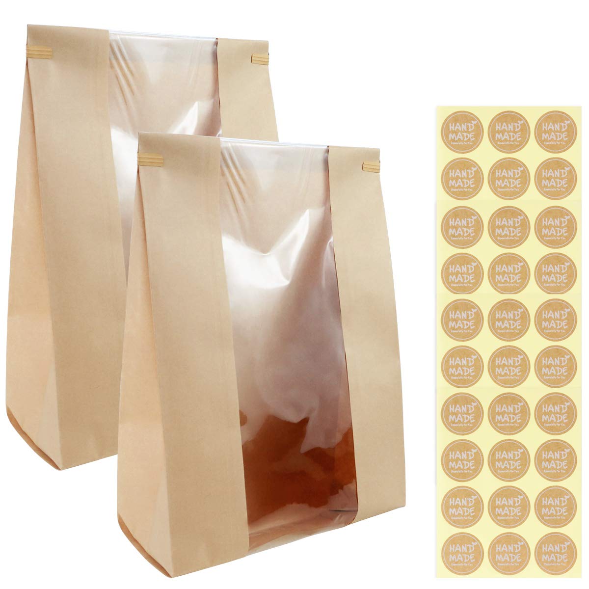 Twdrer 50 Pack Large Kraft Paper Bread Loaf Bag with Clear Front Window,Tin Tie Tab Lock Brown Bakery Coffee Cookie Treat Packaging Bags with 60 PCS Label Seal Stickers(14" x 8.3" x 3.5")