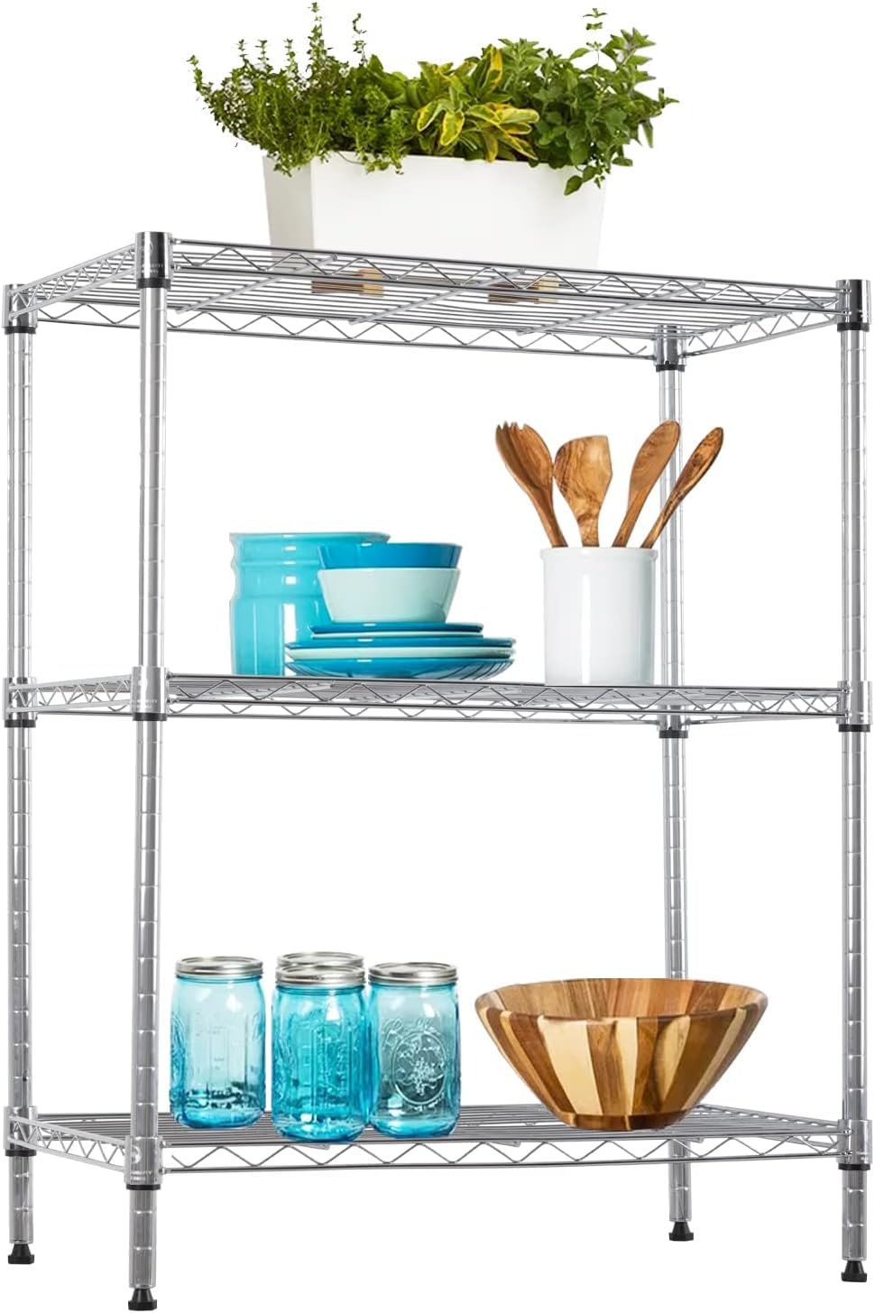 BestOffice Scaffali regolabili in metallo, 58 x 33,5 x 76,7 cm (lunghezza x larghezza x altezza), a 3 livelli, scaffale in filo metallico, capacità di 204 kg, per cucina, garage