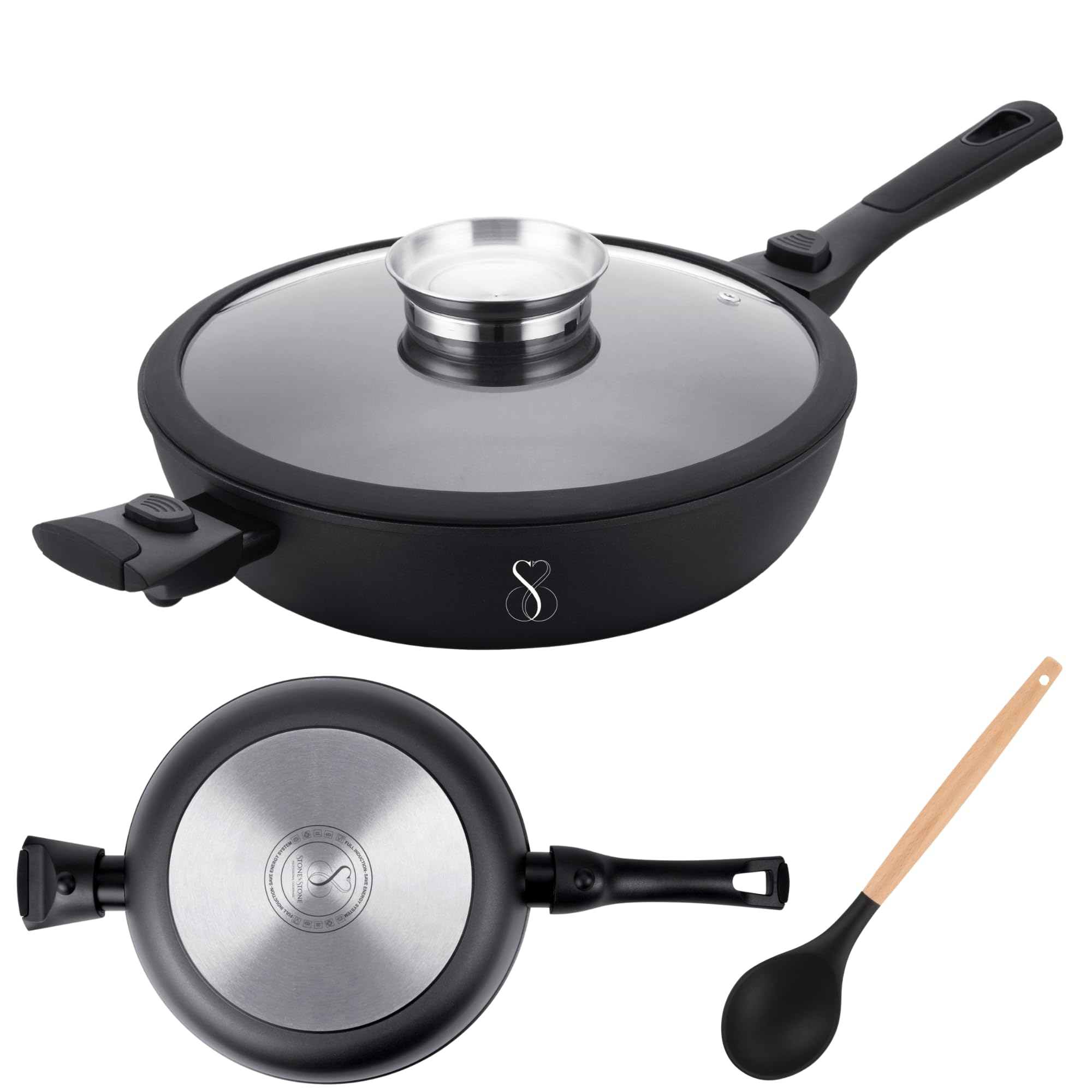 Stone&Stone Poêle à Frire 28CM x 7,5CM Professionnel adaptée à induction Gas Super antiadhésive allemand Résistante à la corrosion Anti-rayures en aluminium et acier Cuisson saine Sans PFOA Couvercle