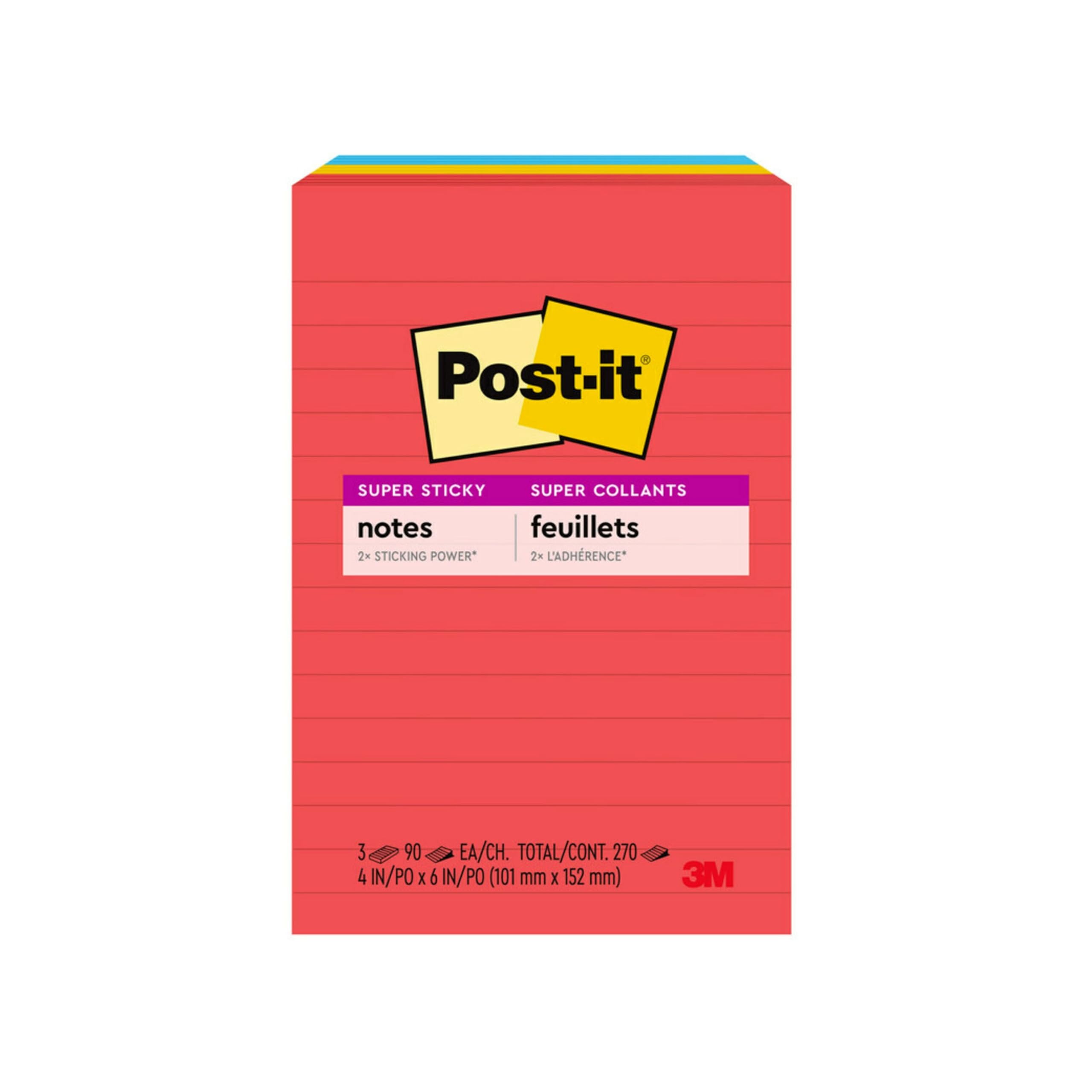 Post-it Super Sticky linierte Notizblöcke, 3 Haftnotizblöcke, 10,2 x 15,2 cm, Schulbedarf und Büroprodukte, ideal für Lehrbücher, Notizbücher, Wände und vertikale Oberflächen, Playful Primaries | Schulbedarf und Bürobedarf, 2-fache Haftkraft